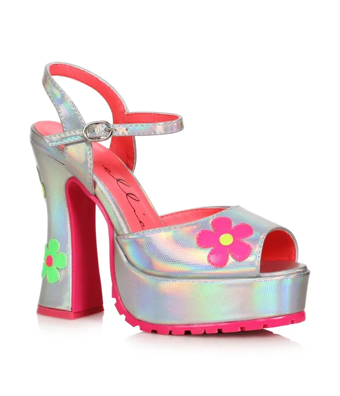 Ellie Shoes Silver & Pink Daisy Platform Heels sold by Unique Vintage