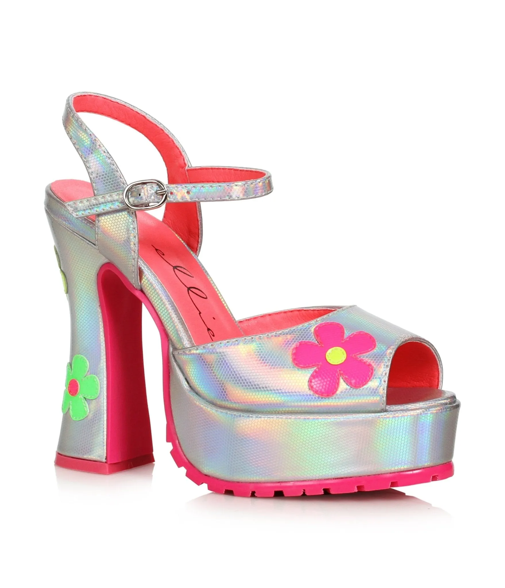 Ellie Shoes Silver & Pink Daisy Platform Heels sold by Unique Vintage