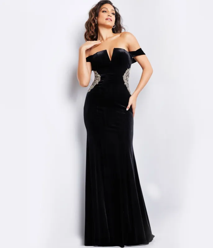 Jovani Black Velvet & Silver Beaded Applique Evening Gown sold by Unique Vintage
