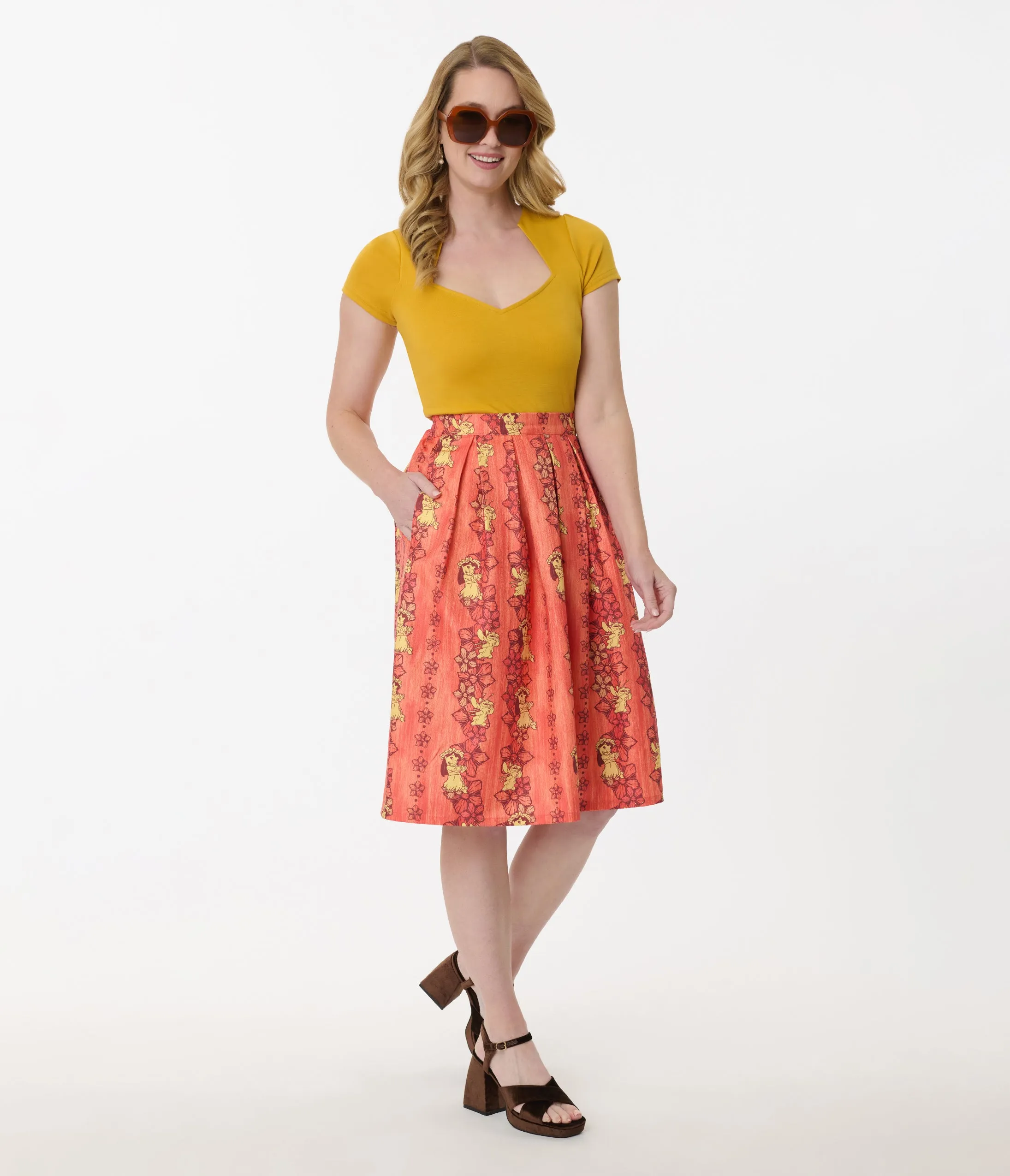 Disney's Lilo & Stitch Collection by Unique Vintage Orange & Yellow Hawaiian Print Swing Skirt sold by Unique Vintage product image thumbnail 4