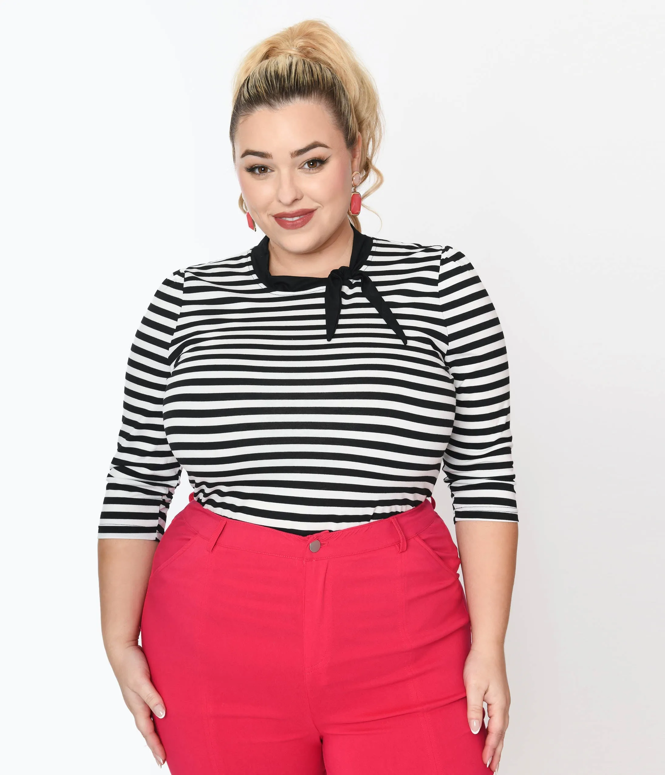 Unique Vintage Plus Size Black & White Stripe Three Quarter Sleeve Sweetie Knit Top sold by Unique Vintage
