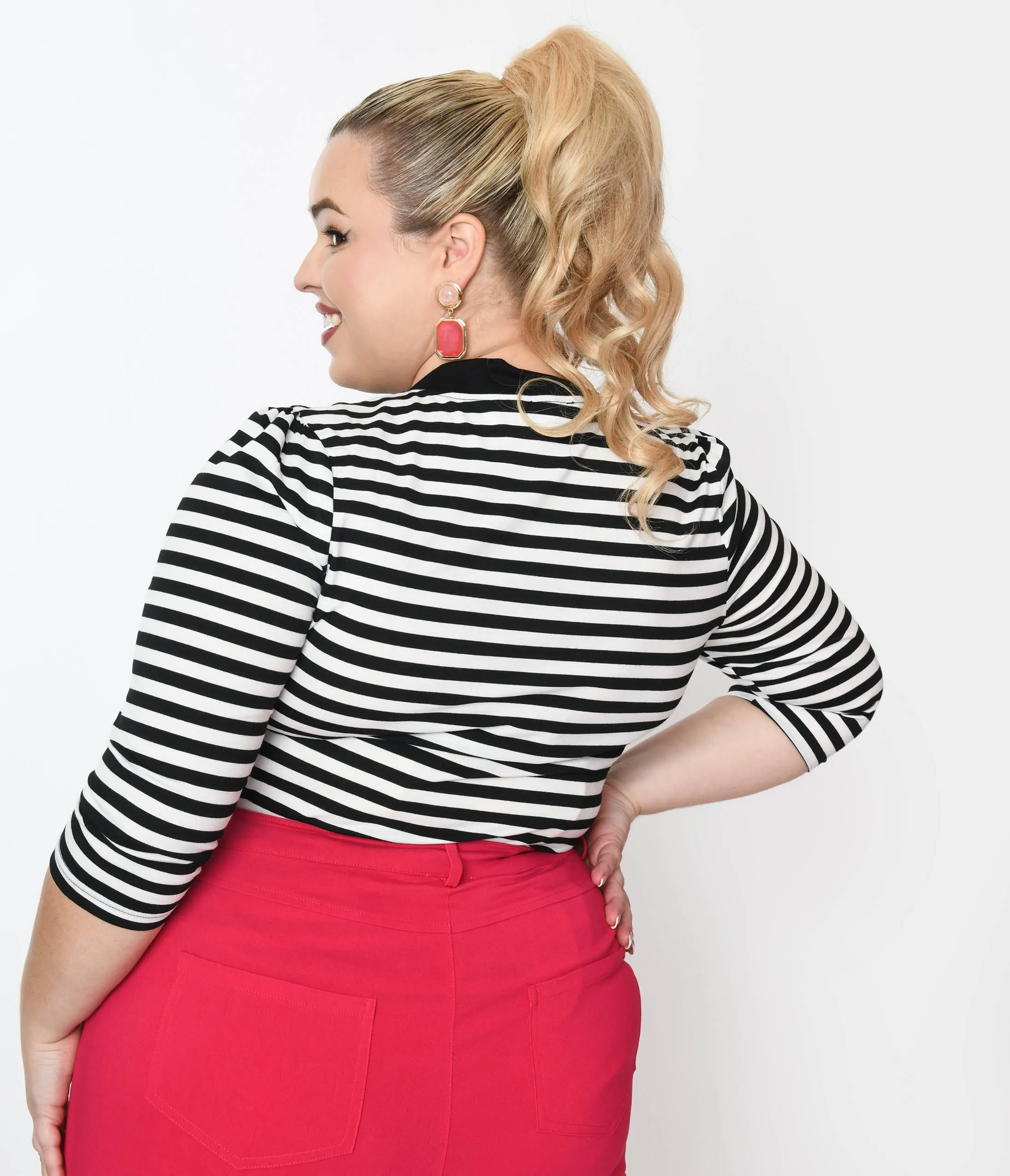 Unique Vintage Plus Size Black & White Stripe Three Quarter Sleeve Sweetie Knit Top sold by Unique Vintage product image thumbnail 3