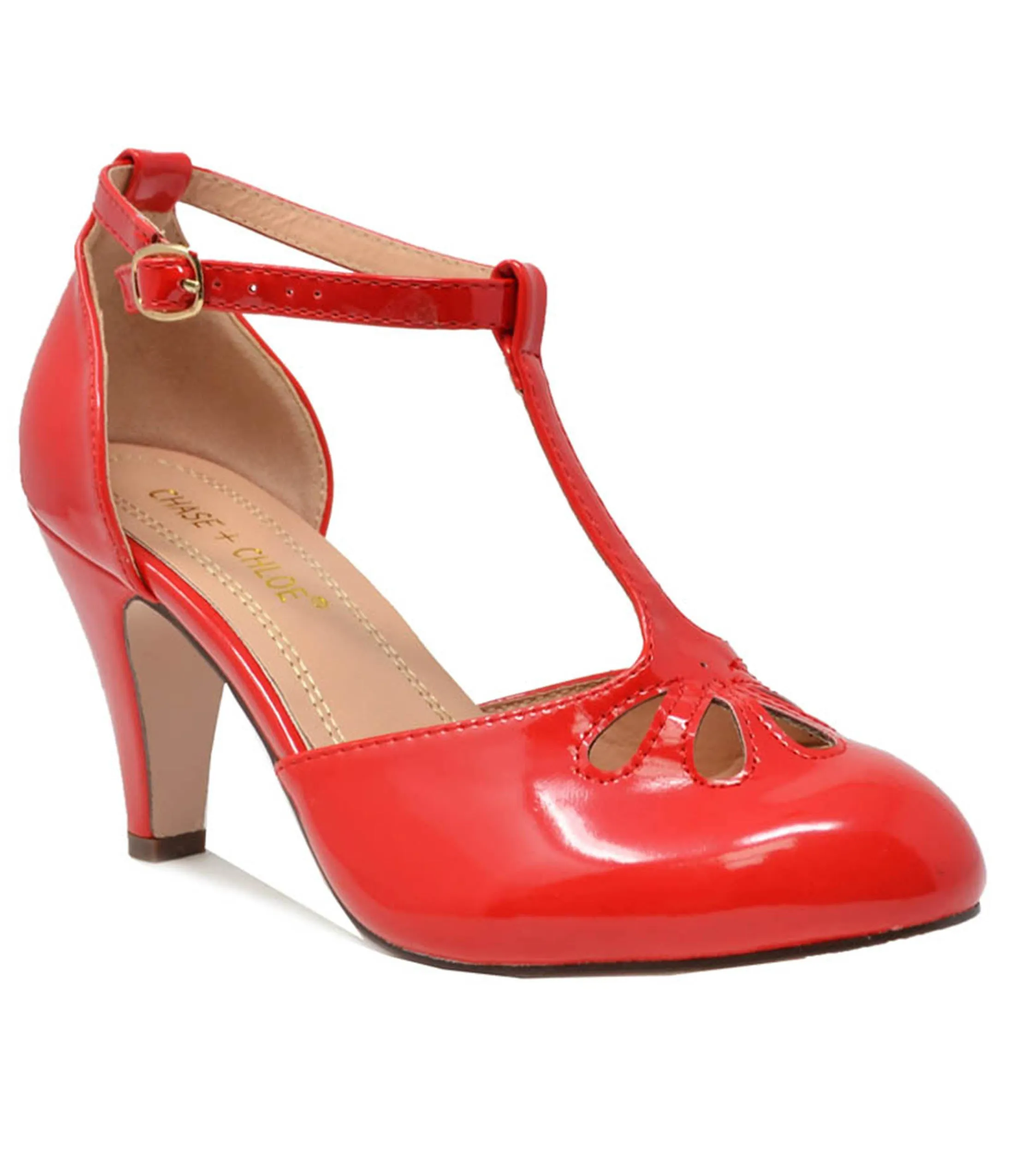 Red Patent Leatherette T-Strap Mary Jane Pumps sold by Unique Vintage