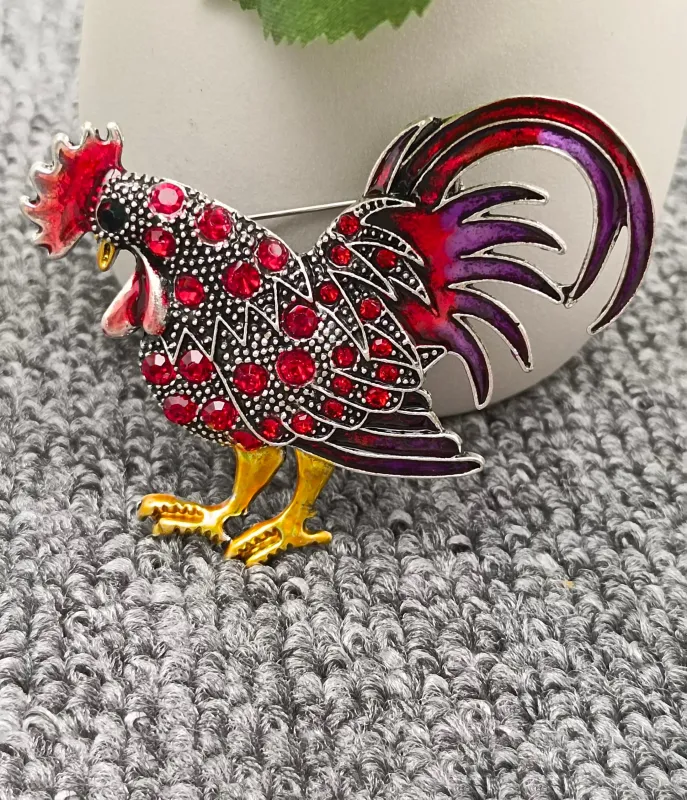 Red Rhinestone Rooster Brooch sold by Unique Vintage