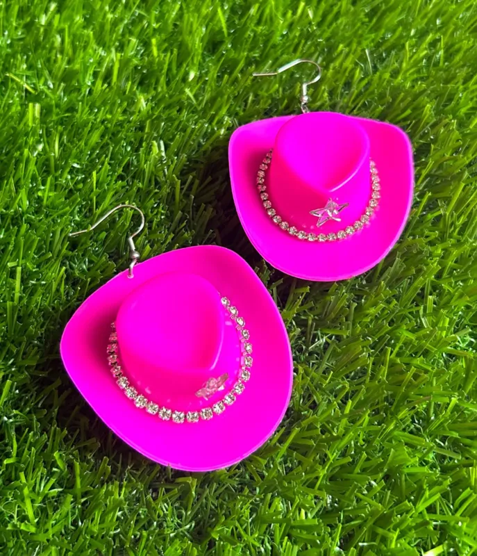 Hot Pink Rhinestone Cowboy Hat Earrings sold by Unique Vintage