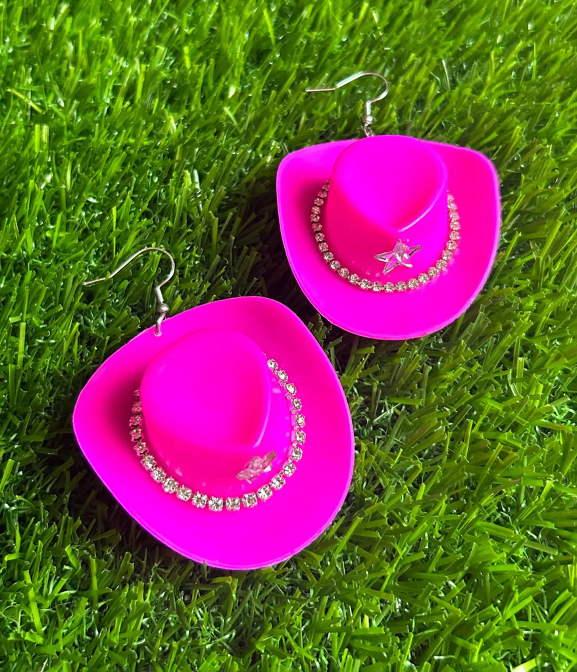Hot Pink Rhinestone Cowboy Hat Earrings sold by Unique Vintage