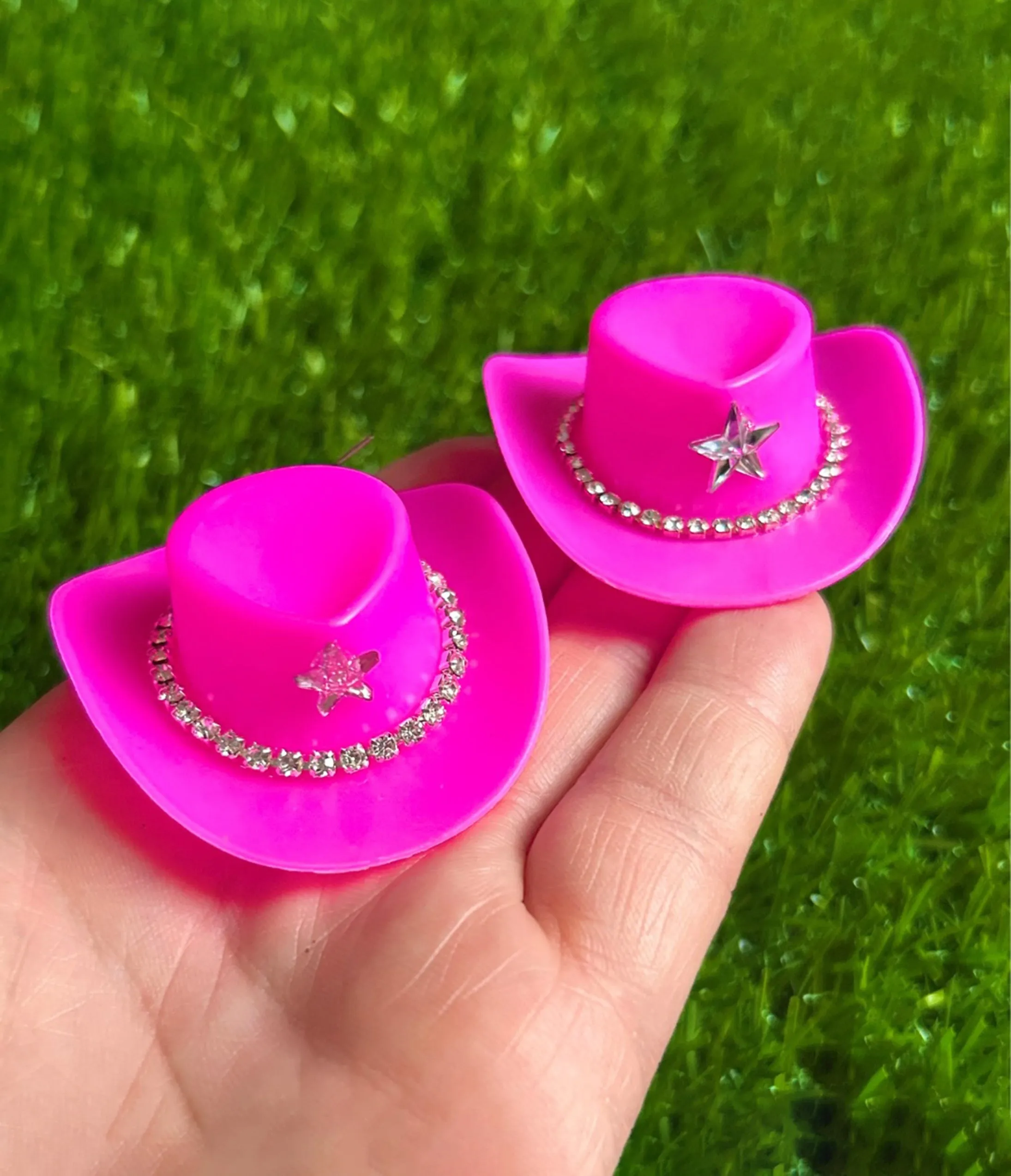 Hot Pink Rhinestone Cowboy Hat Earrings sold by Unique Vintage product image thumbnail 2
