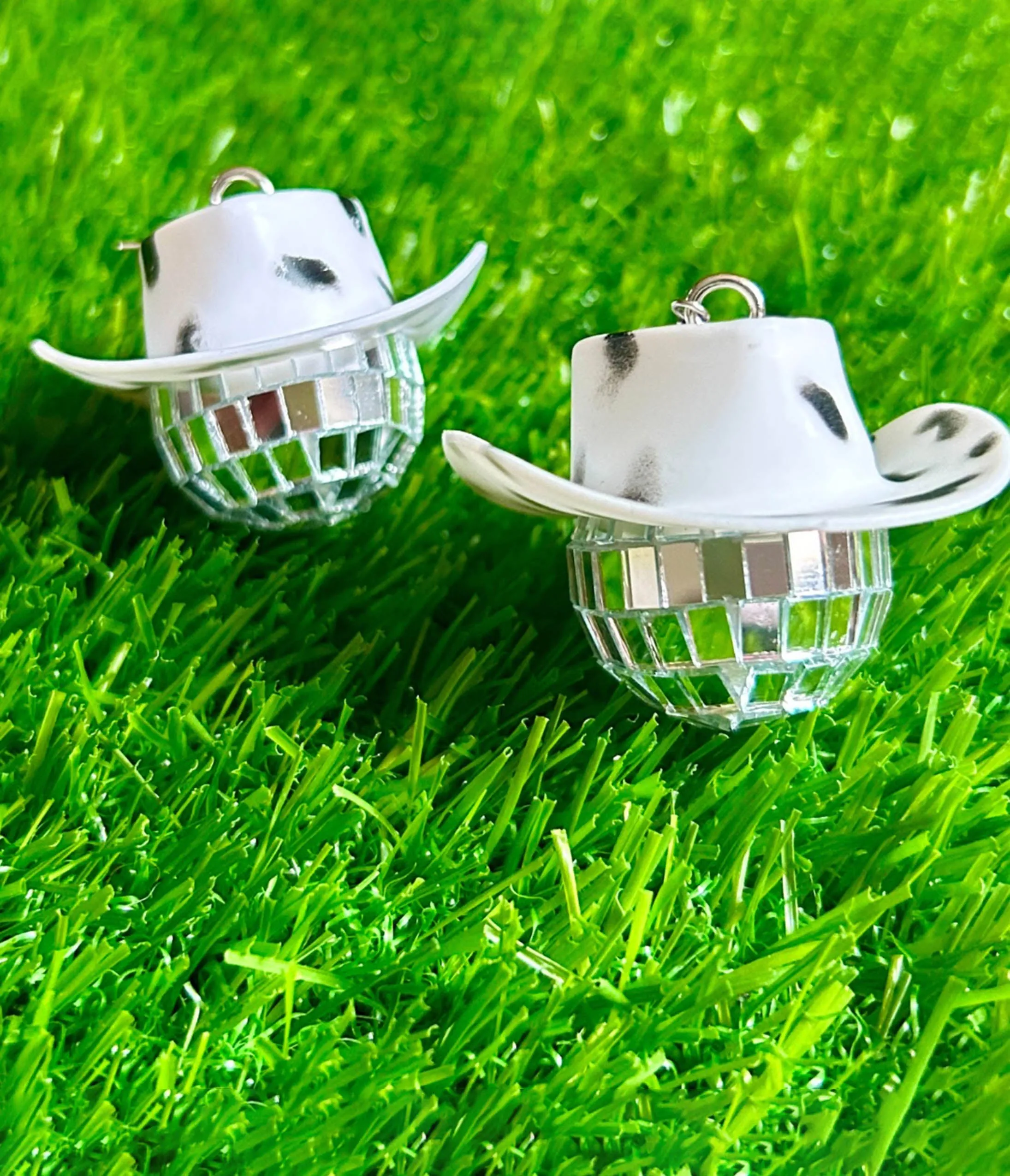 Cow Print Cowboy Hat Disco Ball Earrings sold by Unique Vintage