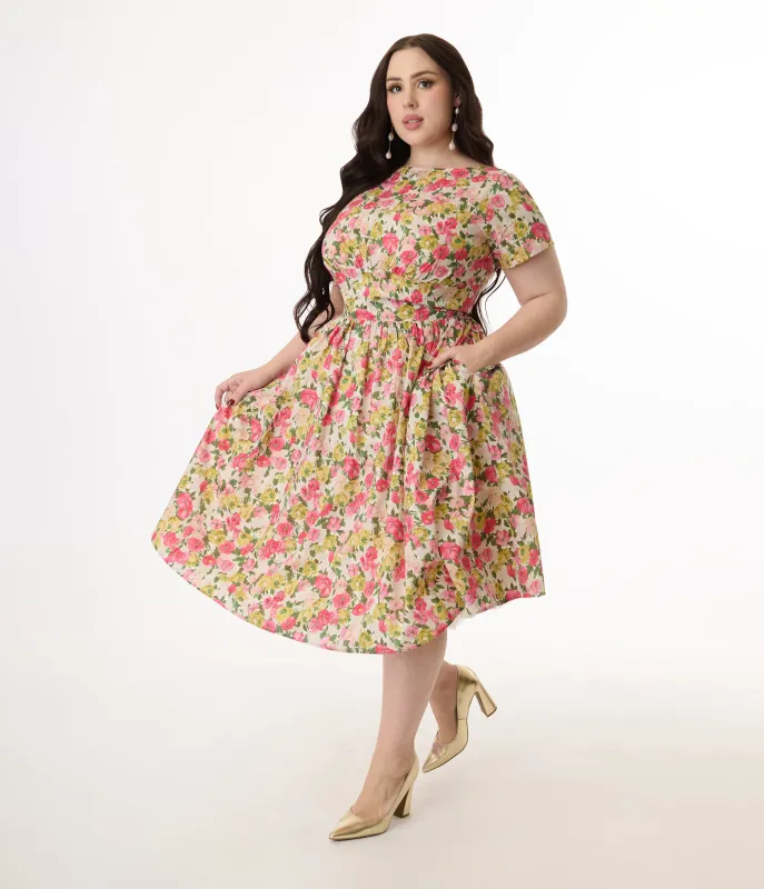 Unique Vintage Plus Size Yellow & Pink Floral Cotton Swing Dress sold by Unique Vintage