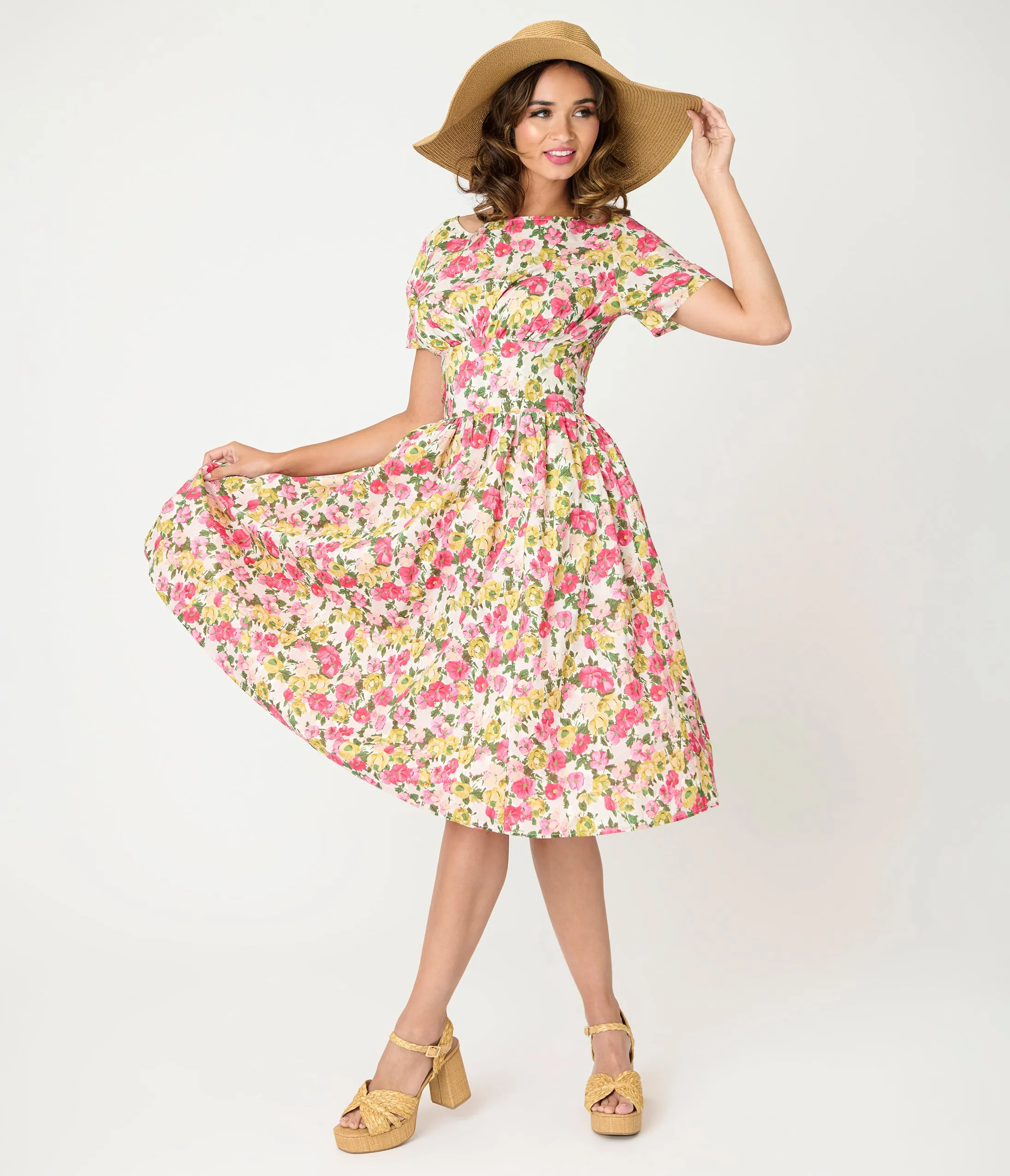 Unique Vintage Yellow & Pink Floral Cotton Swing Dress sold by Unique Vintage product image thumbnail 3