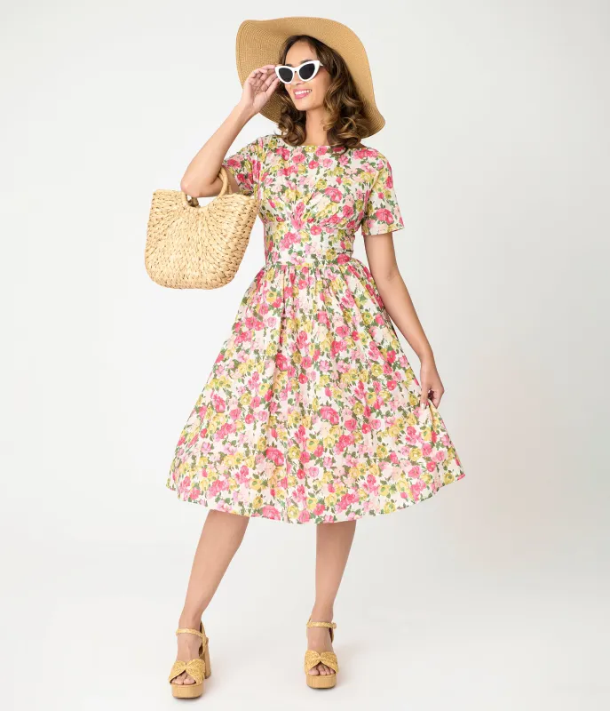 Unique Vintage Yellow & Pink Floral Cotton Swing Dress sold by Unique Vintage