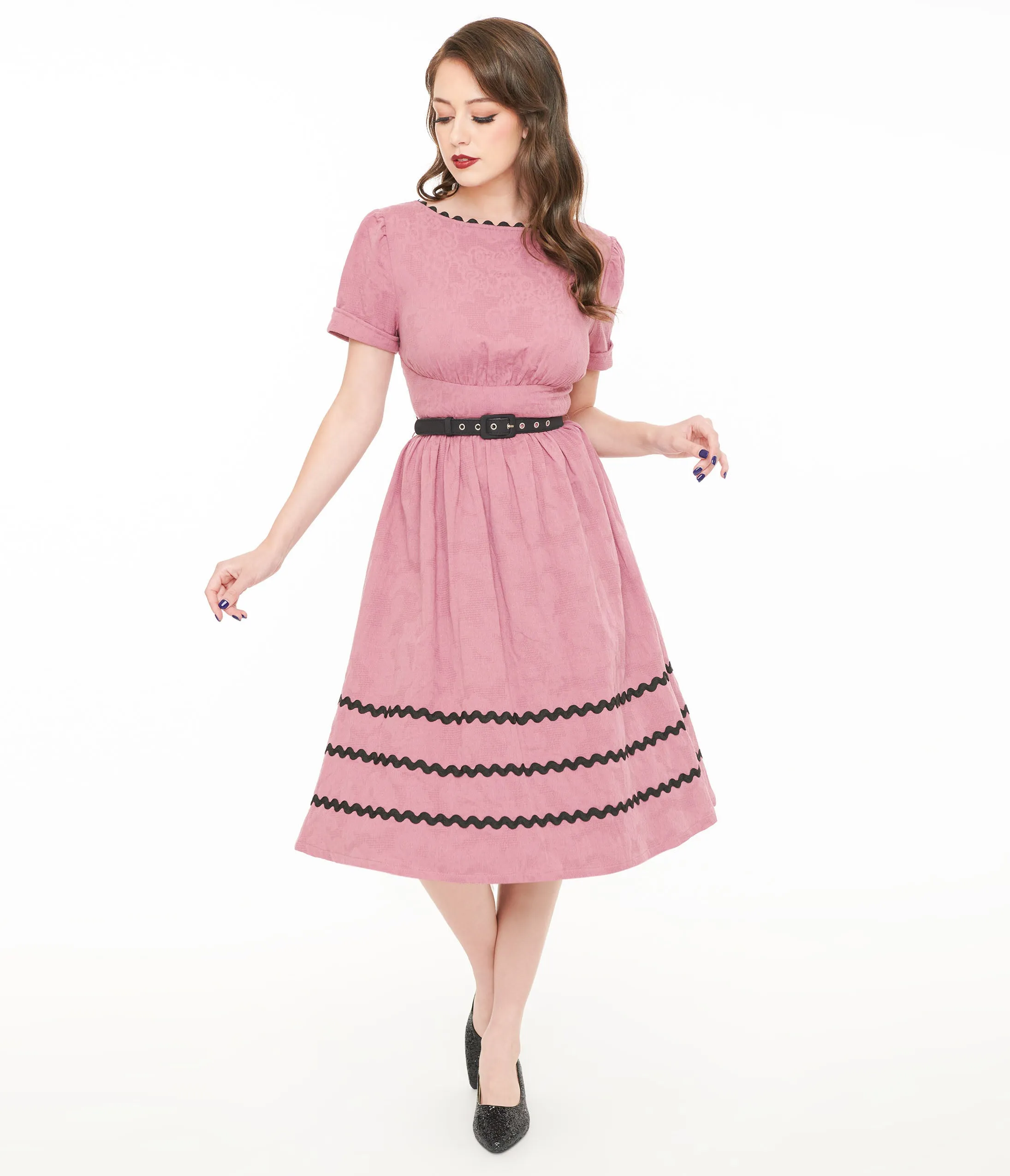 Unique Vintage Berry & Black Cotton Swing Dress sold by Unique Vintage