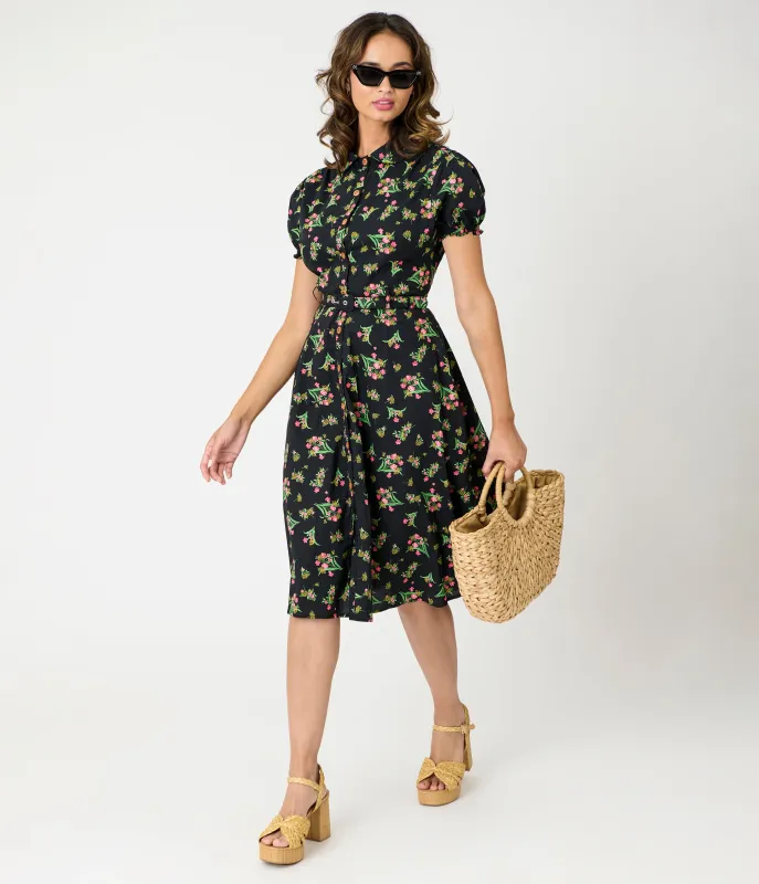 Royal Monk Black & Pink Floral Star Jules Flare Dress sold by Unique Vintage