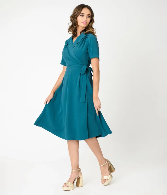 Royal Monk Teal A-Line Judy Wrap Dress sold by Unique Vintage