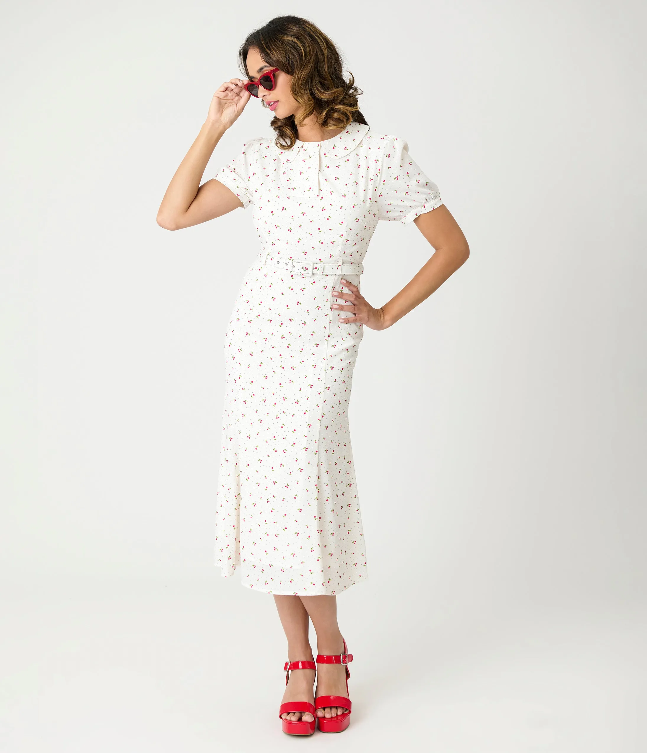 Royal Monk White Cherry Lucille Midi Dress sold by Unique Vintage