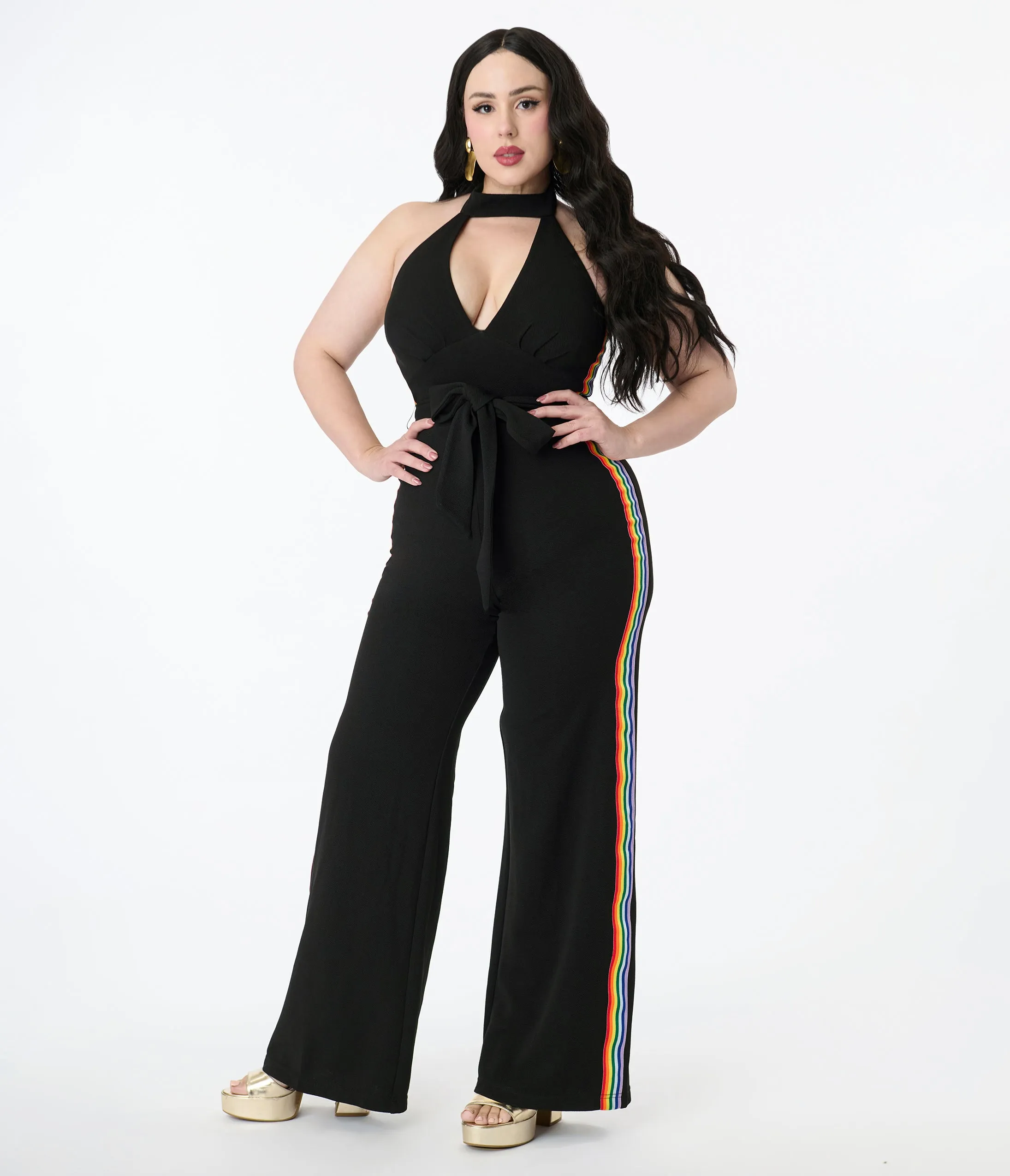 Smak Parlour Plus Size Black Rainbow Stripe Glamour Goddess Jumpsuit sold by Unique Vintage product image thumbnail 4