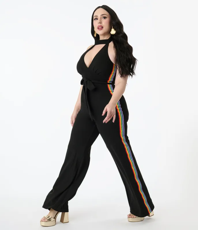 Smak Parlour Plus Size Black Rainbow Stripe Glamour Goddess Jumpsuit sold by Unique Vintage