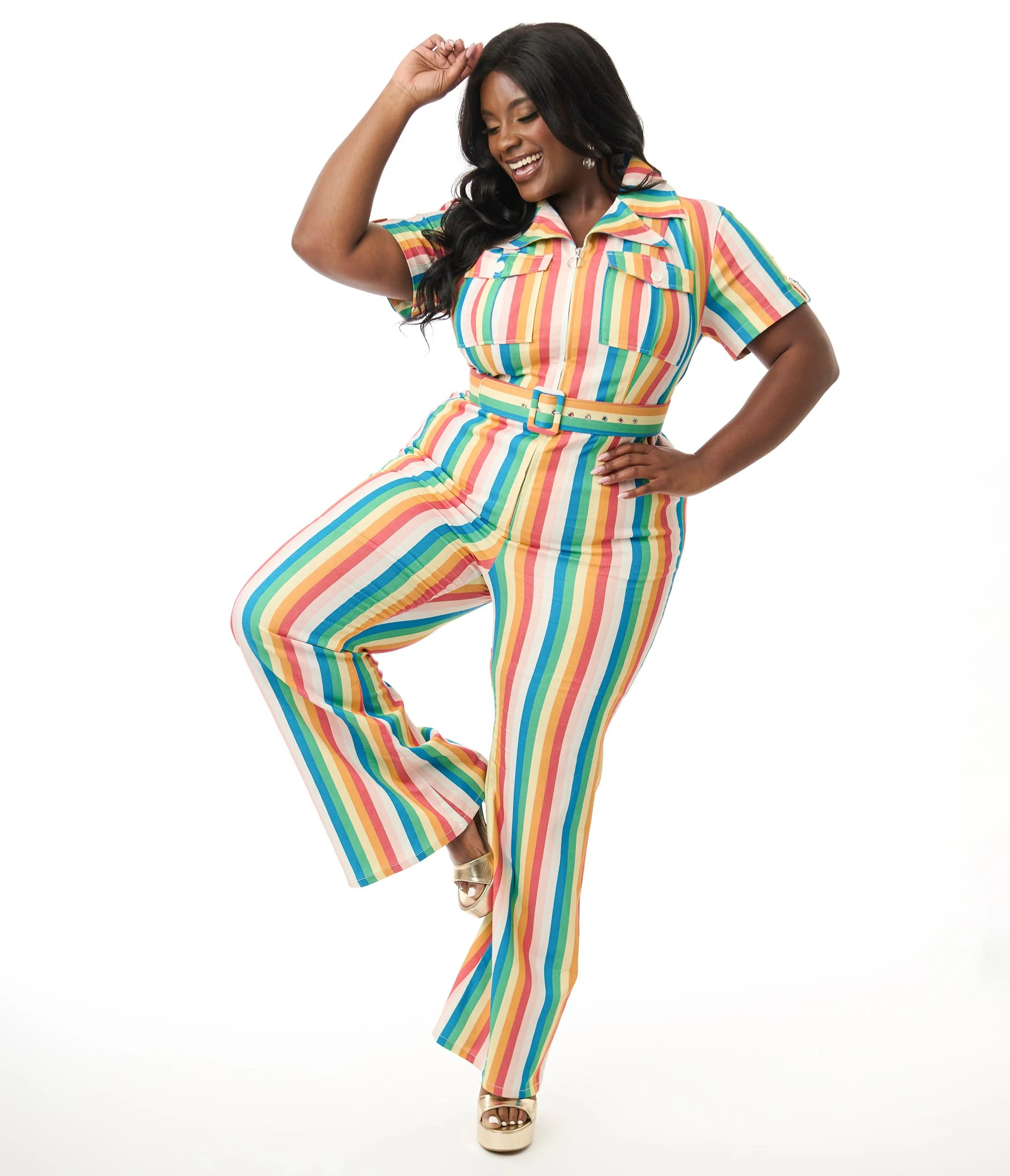 Smak Parlour Plus Size Retro Rainbow Stripe Flare Jumpsuit sold by Unique Vintage product image thumbnail 4