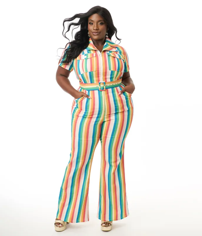 Smak Parlour Plus Size Retro Rainbow Stripe Flare Jumpsuit sold by Unique Vintage