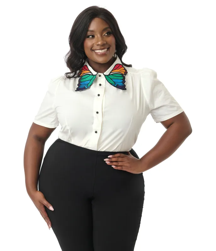 Unique Vintage Plus Size White & Rainbow Butterfly Collar Cotton Blouse sold by Unique Vintage