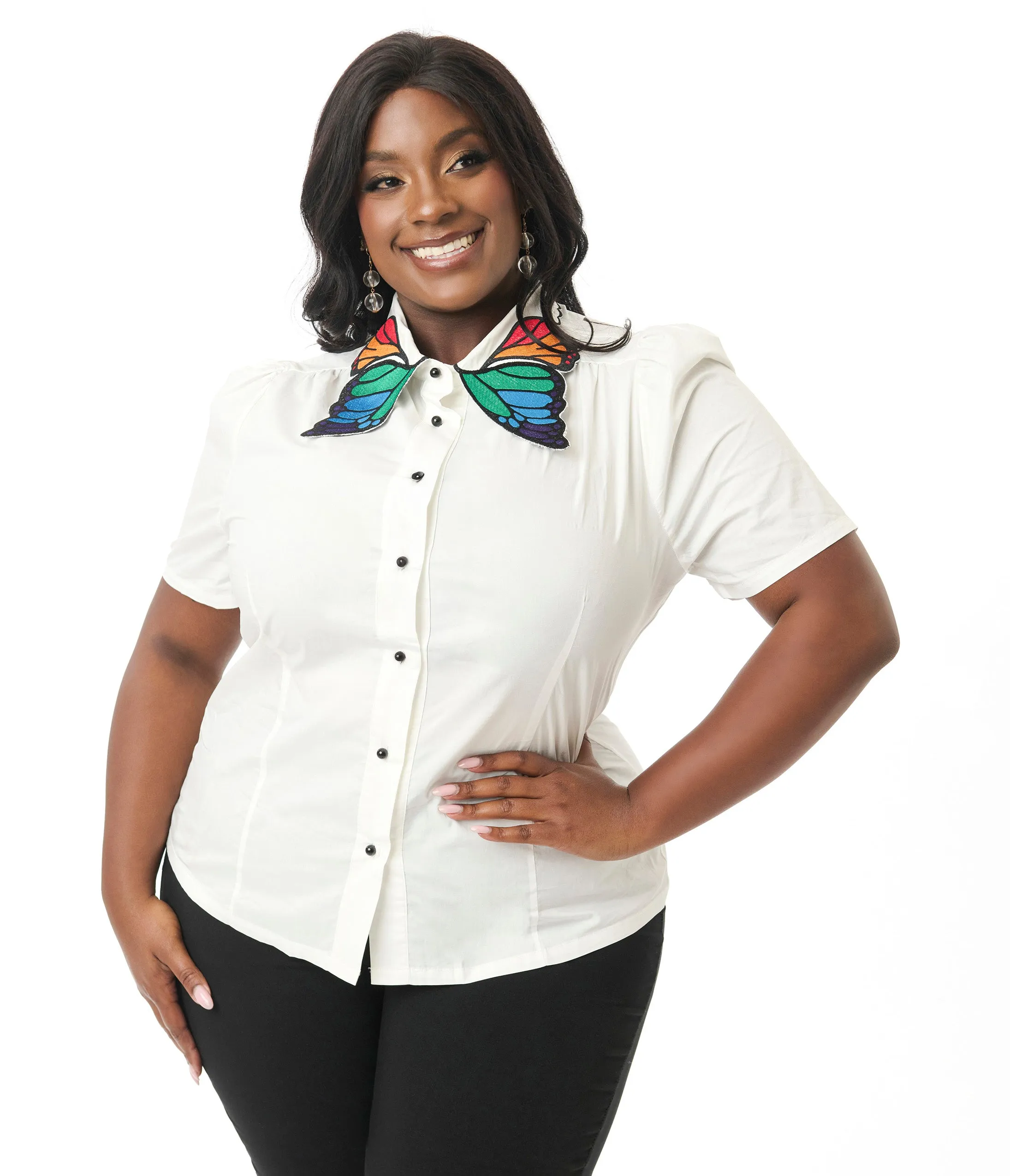 Unique Vintage Plus Size White & Rainbow Butterfly Collar Cotton Blouse sold by Unique Vintage product image thumbnail 4