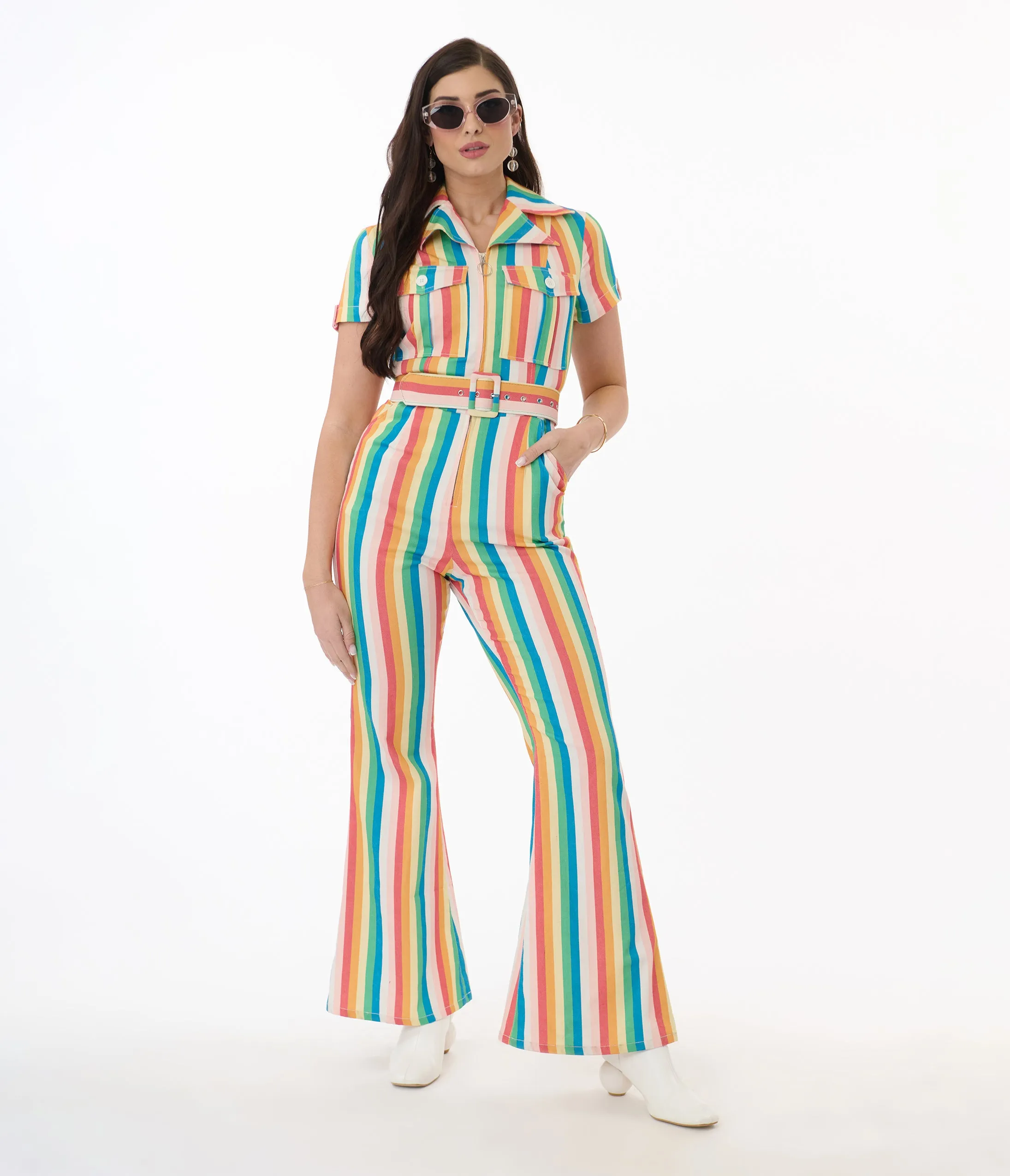 Smak Parlour Retro Rainbow Stripe Flare Jumpsuit sold by Unique Vintage