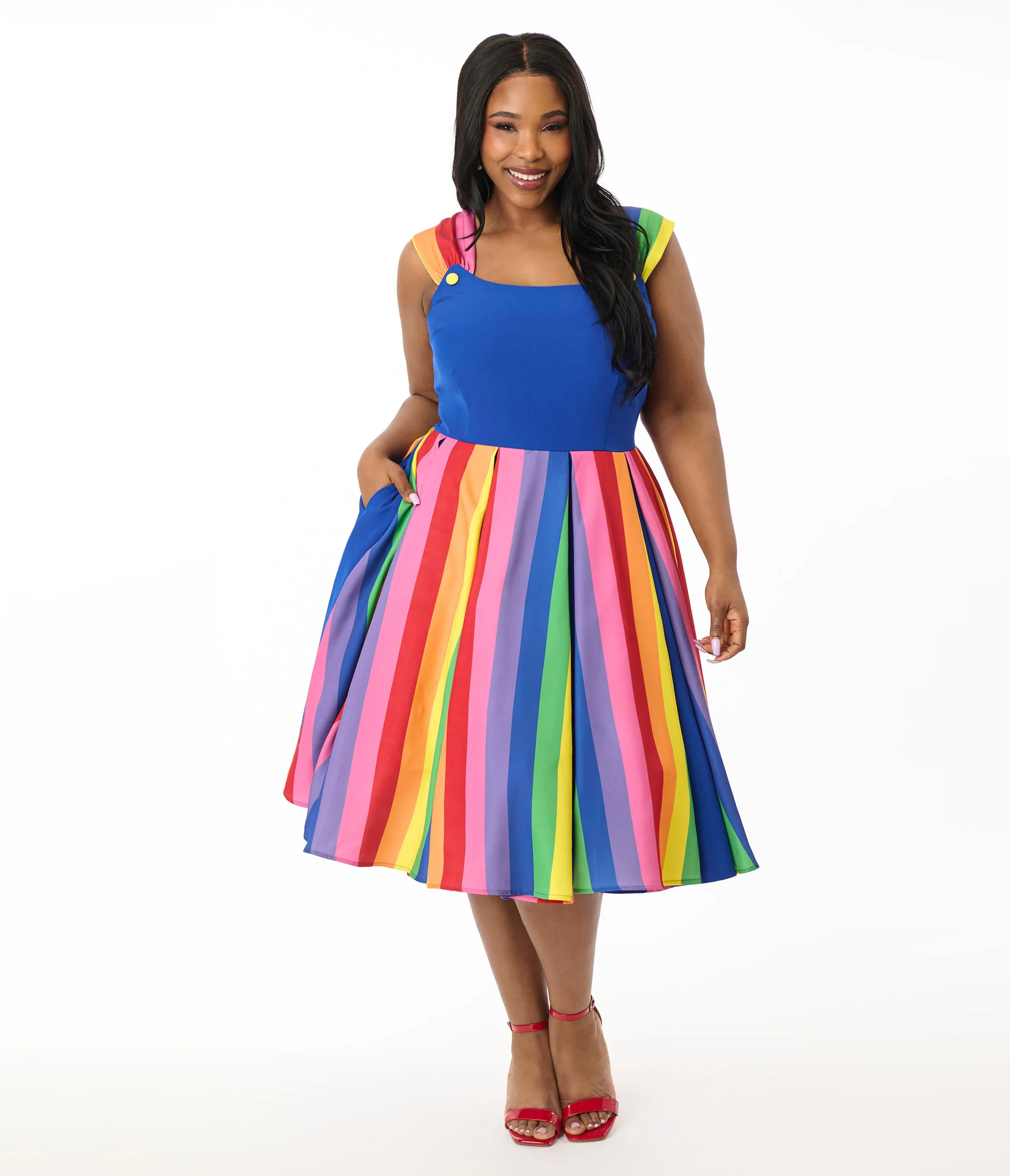Unique Vintage Plus Size Blue & Rainbow Stripe Swing Dress sold by Unique Vintage product image thumbnail 3