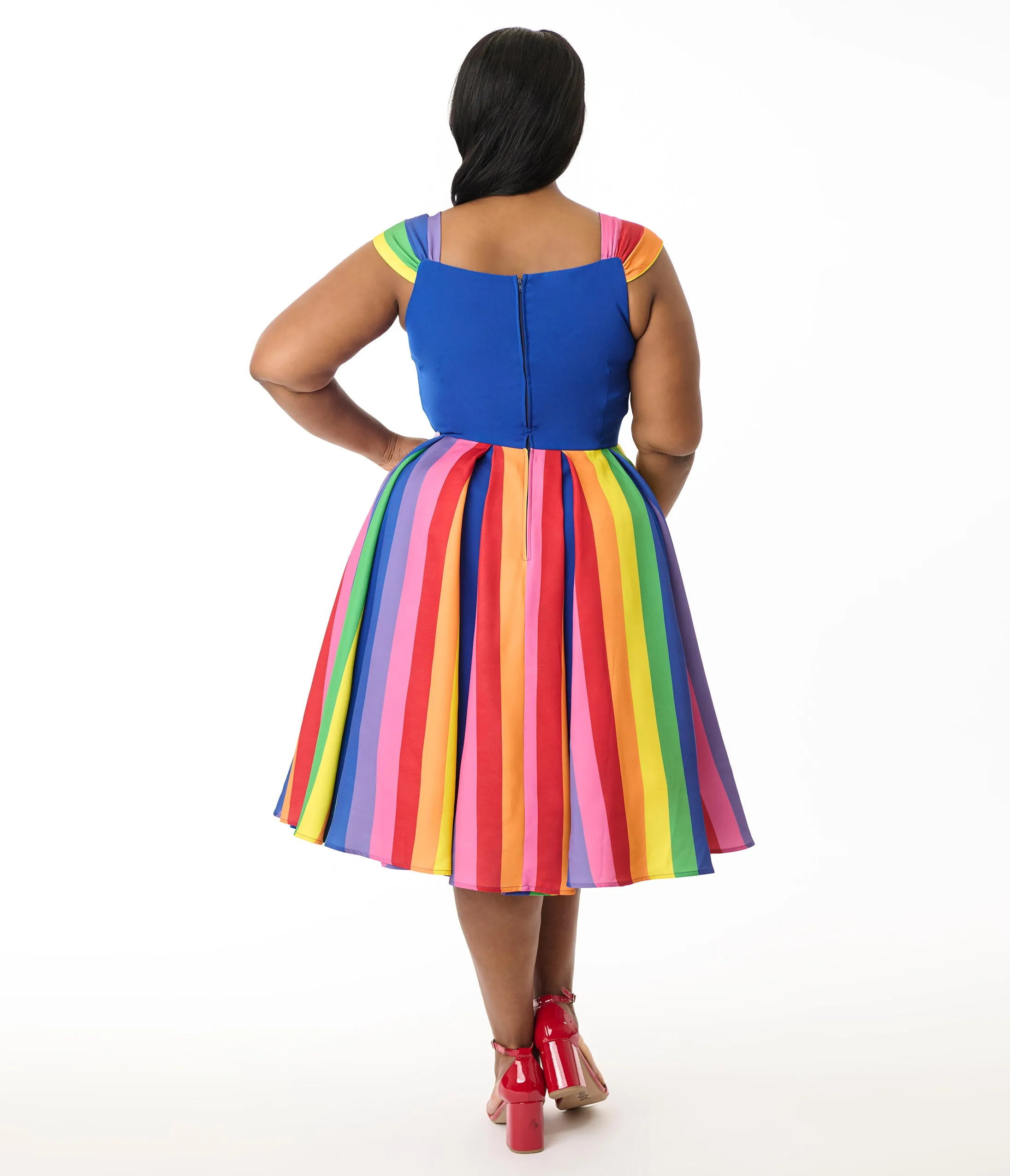 Unique Vintage Plus Size Blue & Rainbow Stripe Swing Dress sold by Unique Vintage product image thumbnail 4
