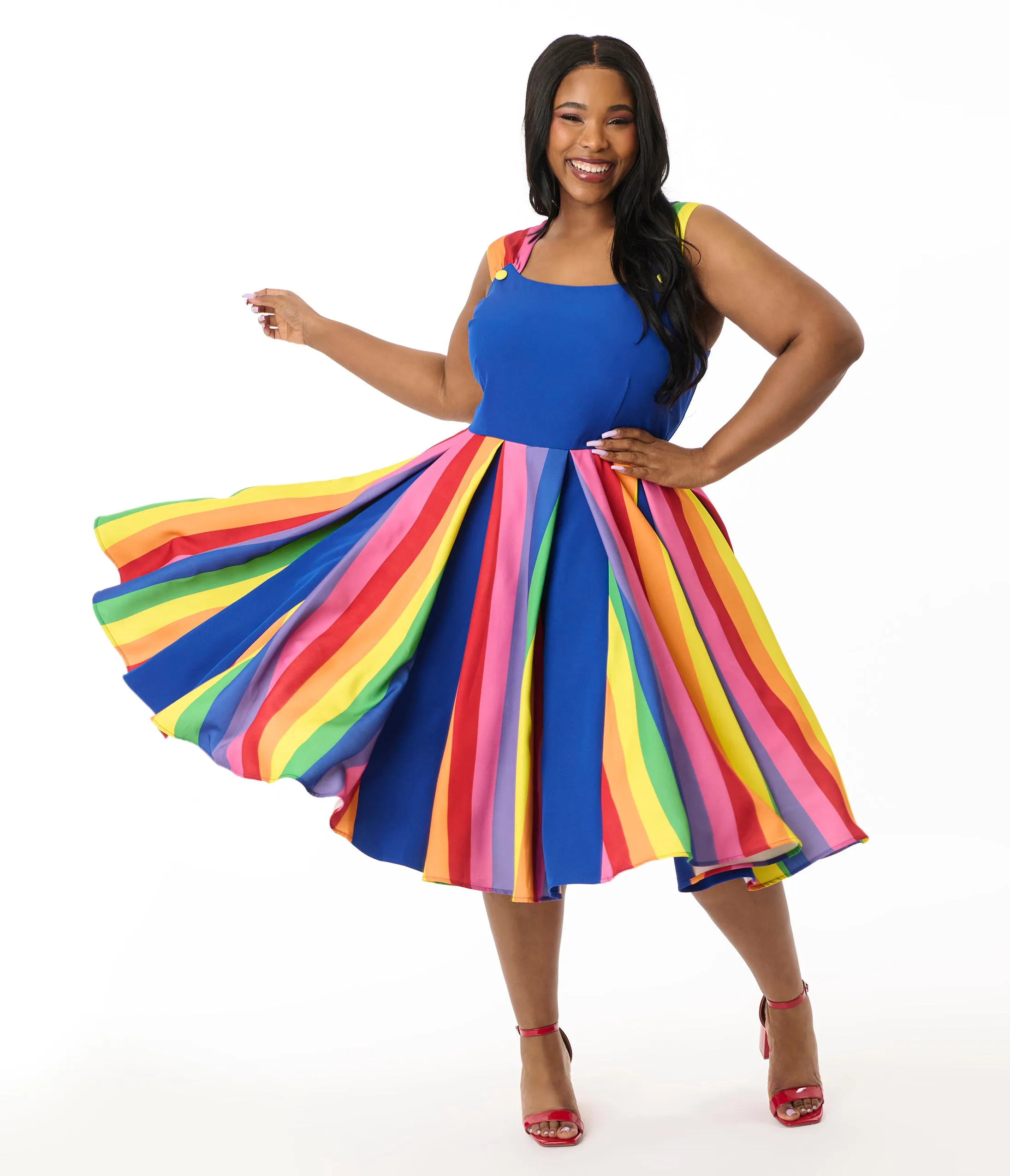 Unique Vintage Plus Size Blue & Rainbow Stripe Swing Dress sold by Unique Vintage