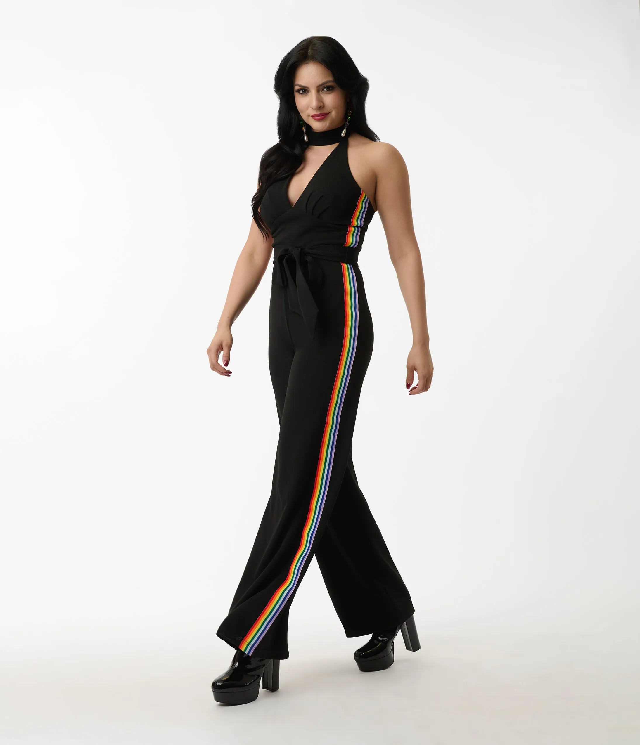 Smak Parlour Black Rainbow Stripe Glamour Goddess Jumpsuit sold by Unique Vintage