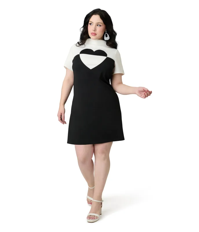 Smak Parlour Plus Size Black & White Color Block Heart Shift Dress sold by Unique Vintage