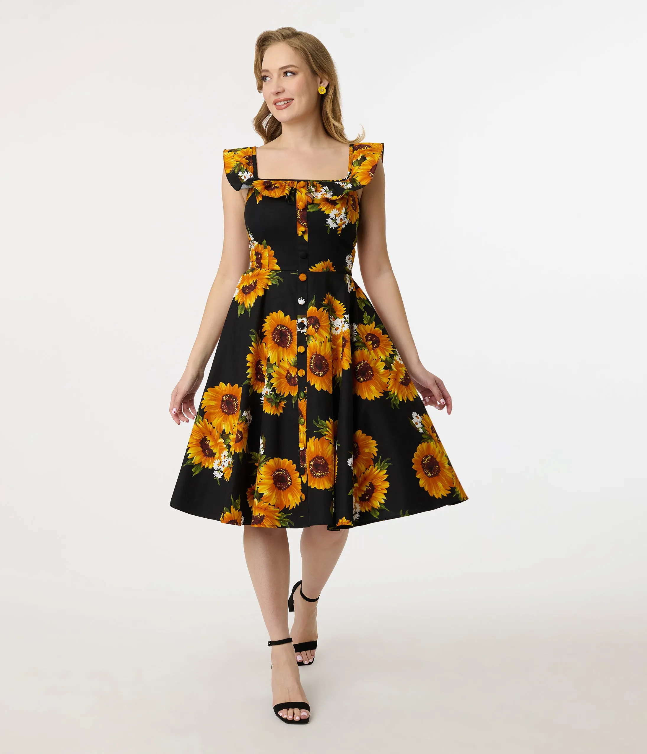 Magnolia Place Sunflower Print Barbara Swing Dress sold by Unique Vintage