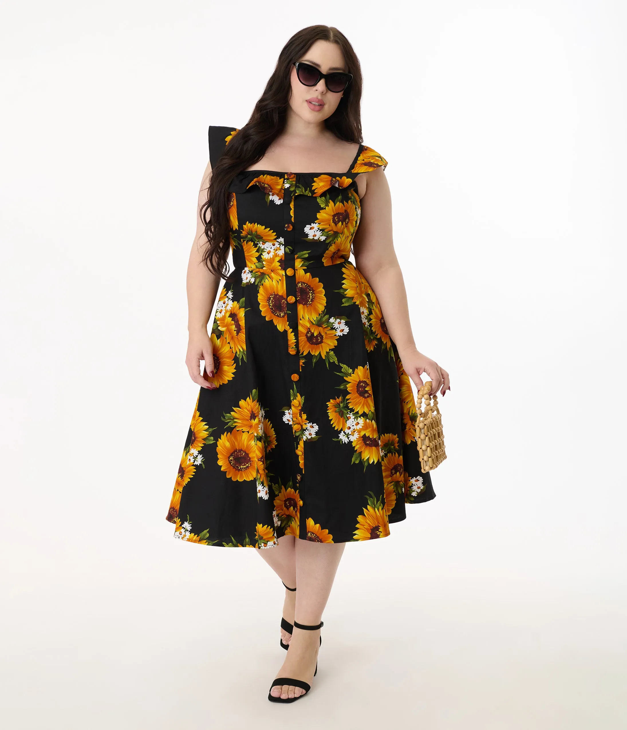 Magnolia Place Plus Size Sunflower Print Barbara Swing Dress sold by Unique Vintage