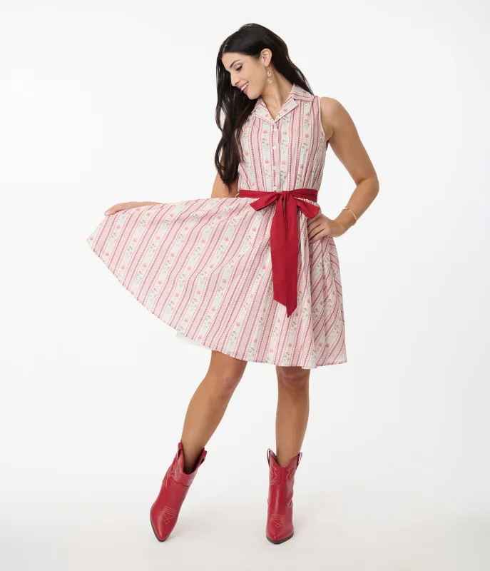 Smak Parlour Pink Rose Wallpaper Print Cotton Flare Dress sold by Unique Vintage