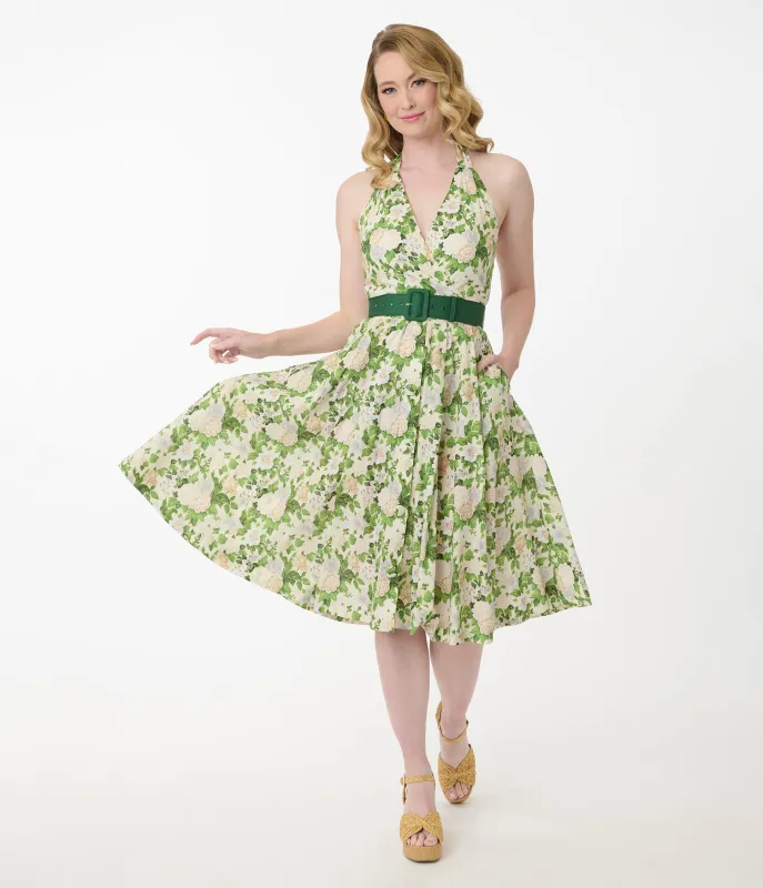 Unique Vintage White & Green Floral Tarrytown Hostess Dress sold by Unique Vintage