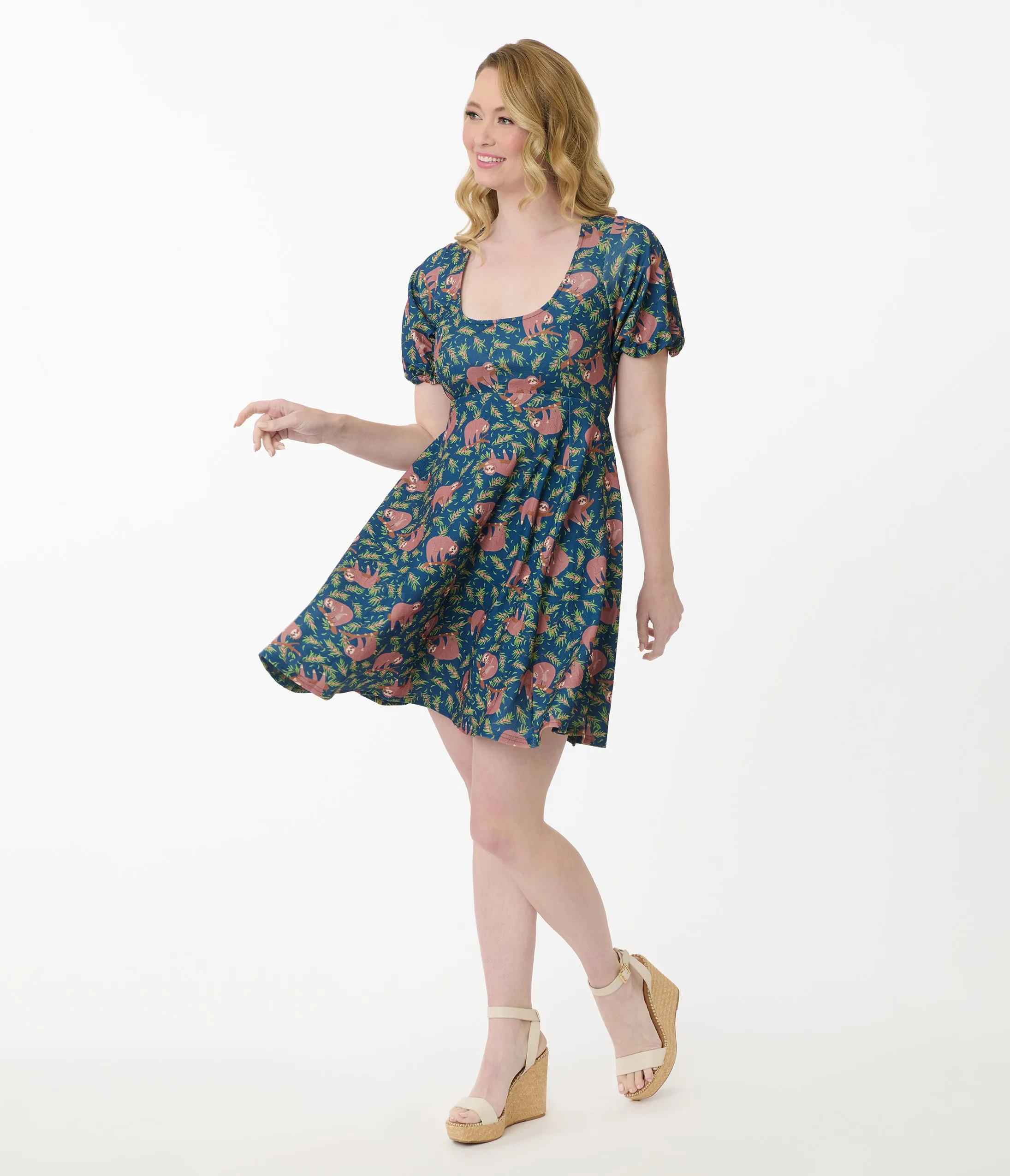 Unique Vintage Blue Summer Sloth Print Fit & Flare Dress sold by Unique Vintage product image thumbnail 4