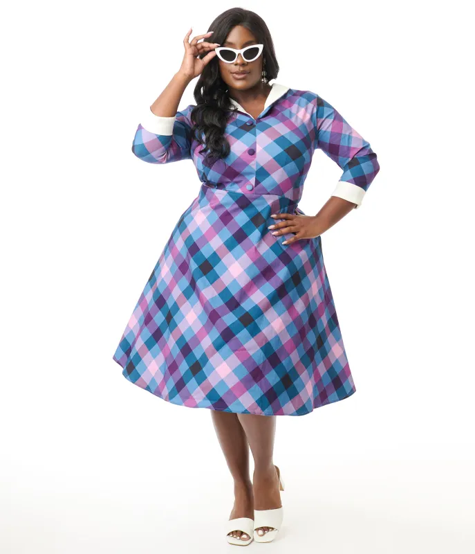 Unique Vintage Plus Size Blue & Purple Madras Plaid Shirt Dress made by Unique Vintage