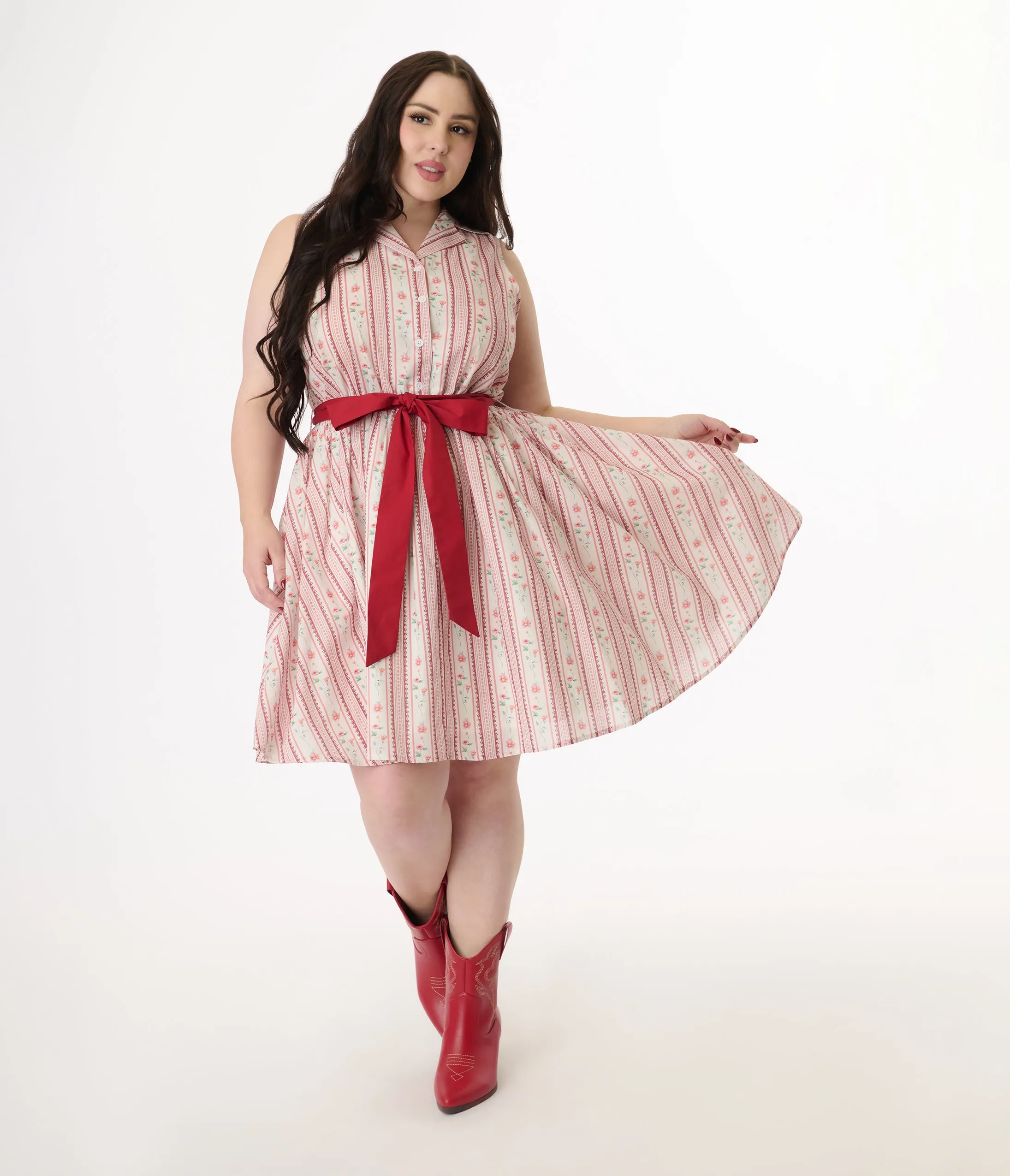 Smak Parlour Plus Size Pink Rose Wallpaper Print Cotton Flare Dress sold by Unique Vintage