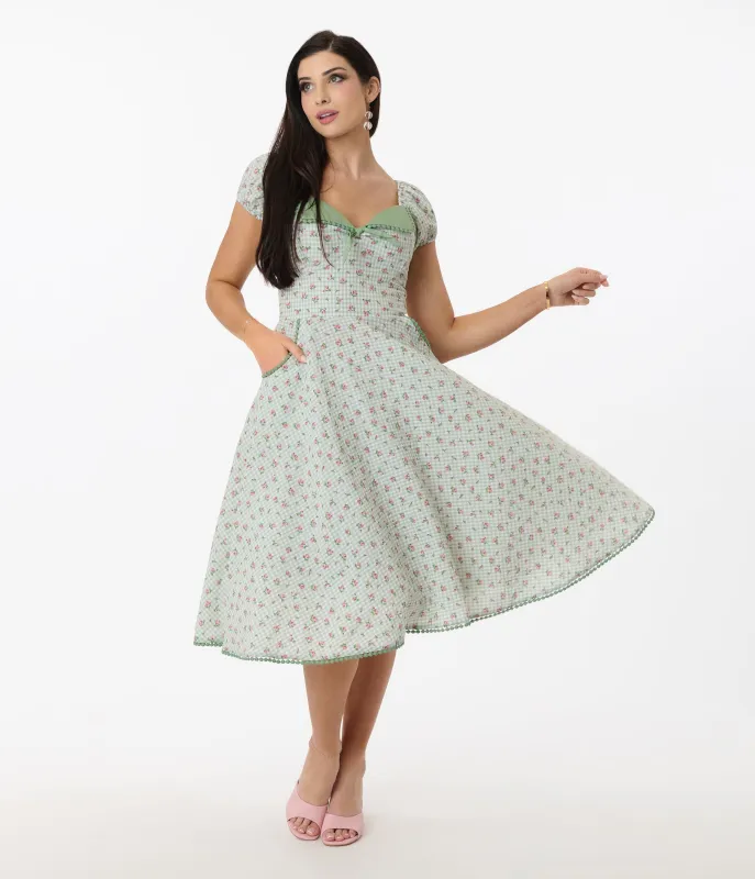 Unique Vintage Green Floral Gingham Print Swing Dress sold by Unique Vintage