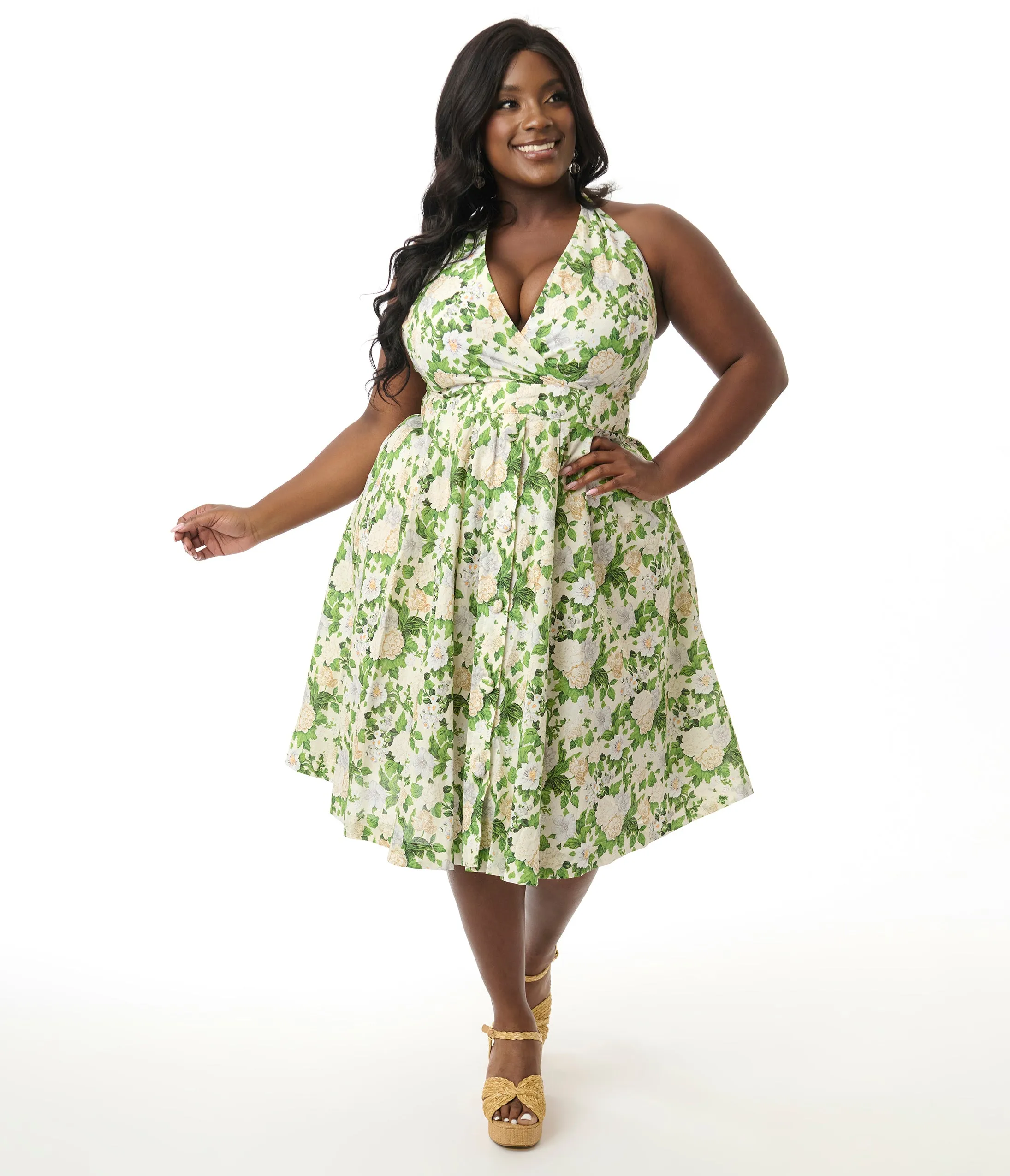 Unique Vintage Plus Size White & Green Floral Tarrytown Hostess Dress sold by Unique Vintage product image thumbnail 4