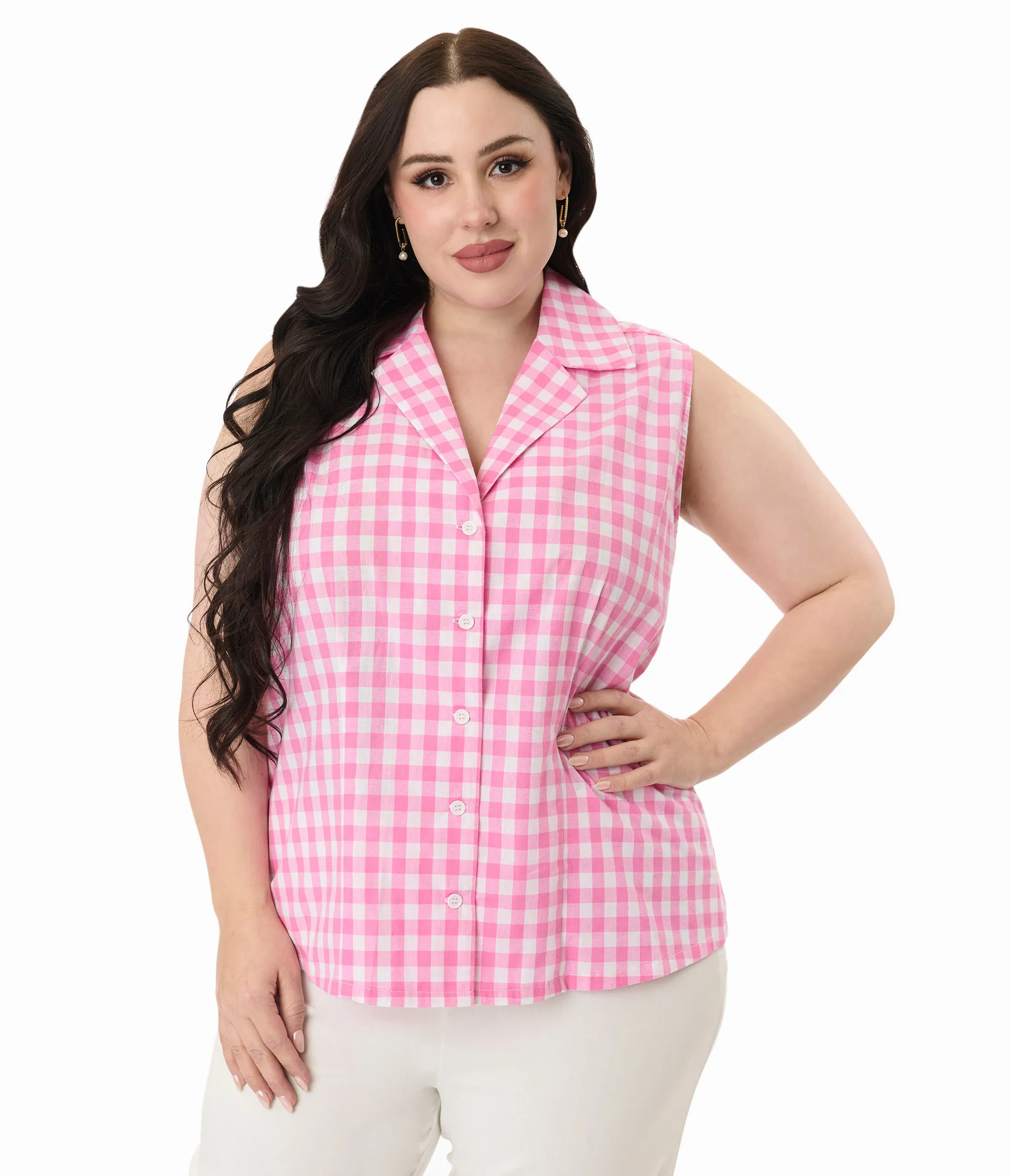 Unique Vintage Plus Size Pink & White Gingham Notched Collar Cotton Blouse sold by Unique Vintage product image thumbnail 3