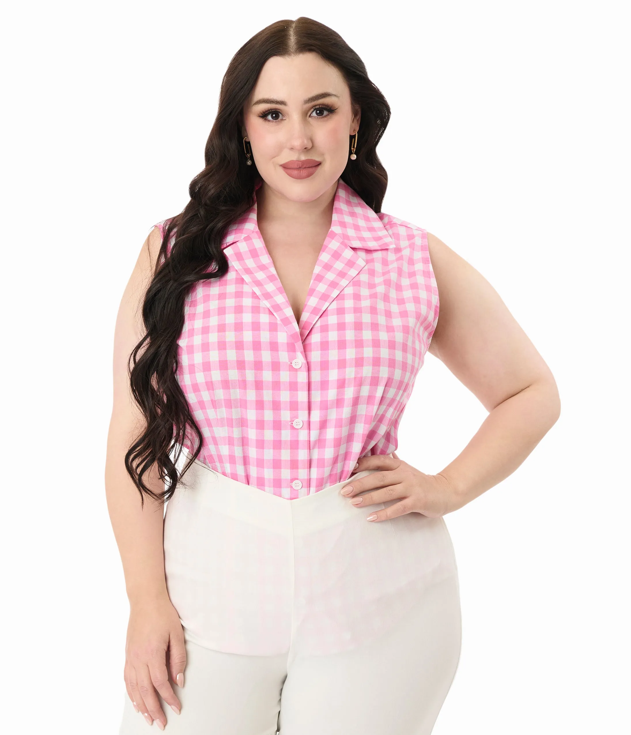 Unique Vintage Plus Size Pink & White Gingham Notched Collar Cotton Blouse sold by Unique Vintage