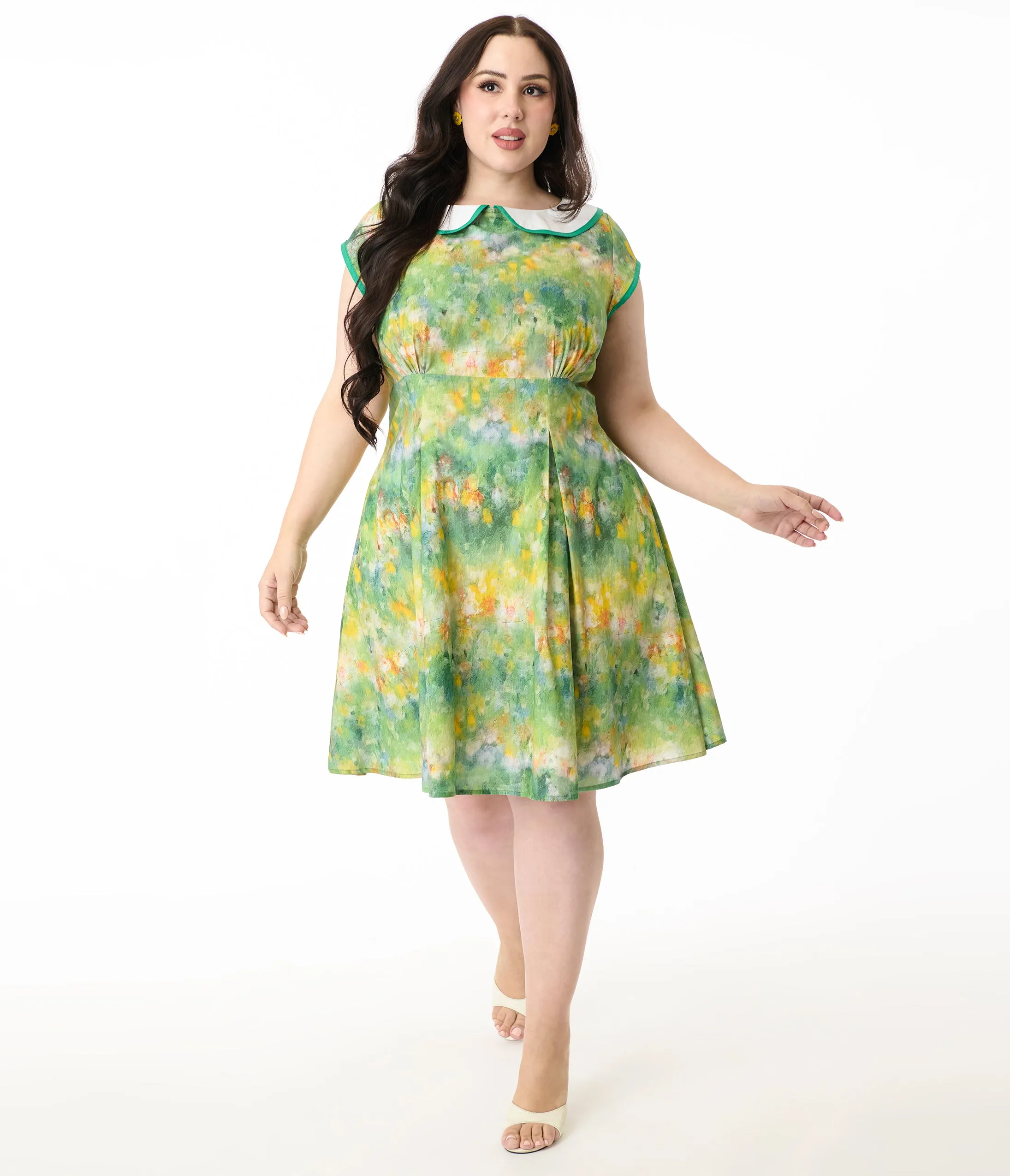 Smak Parlour Plus Size Green Painted Garden Fit & Flare Dress sold by Unique Vintage
