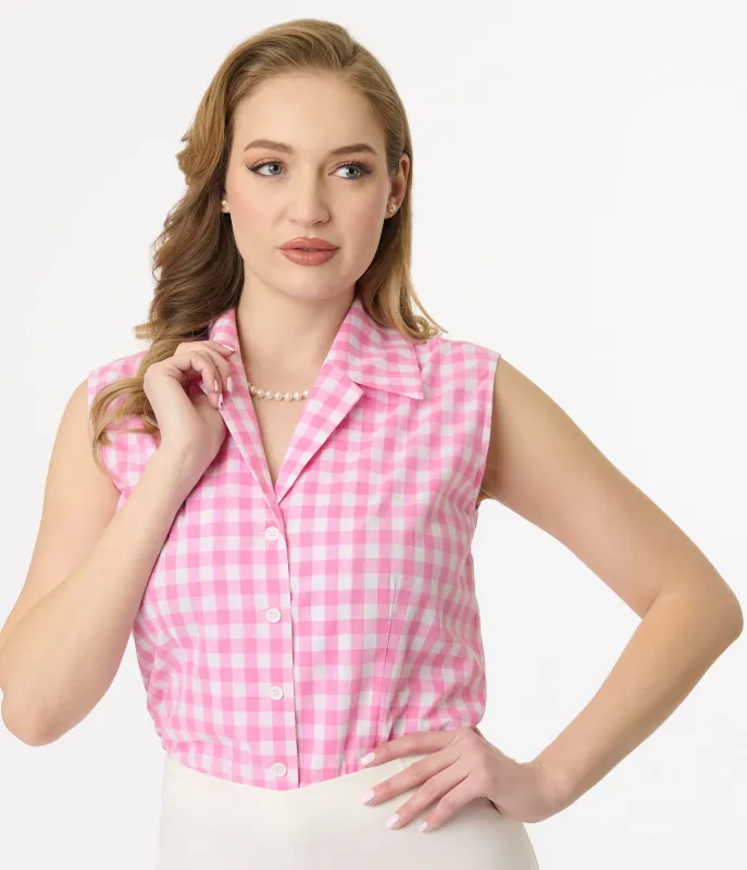 Unique Vintage Pink & White Gingham Notched Collar Cotton Blouse sold by Unique Vintage