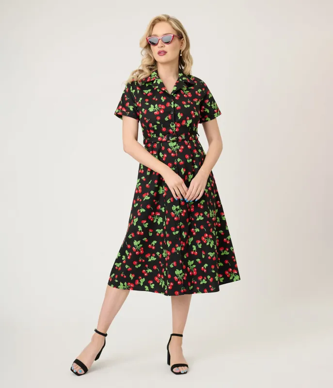 Royal Monk Black & Red Cherries Darla Swing Dress sold by Unique Vintage