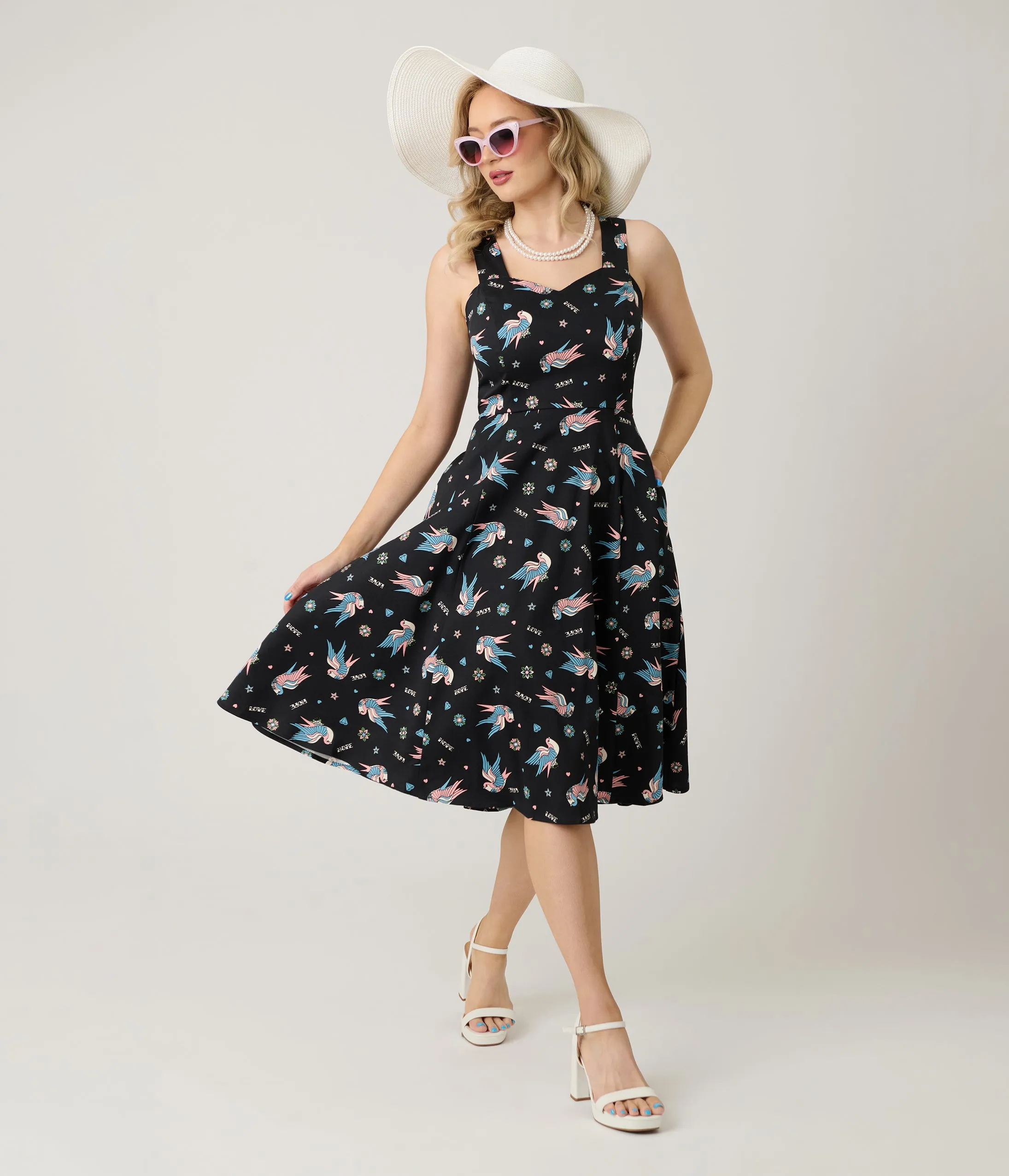 Royal Monk Black & Blue Swallow Print Marilou Swing Dress sold by Unique Vintage