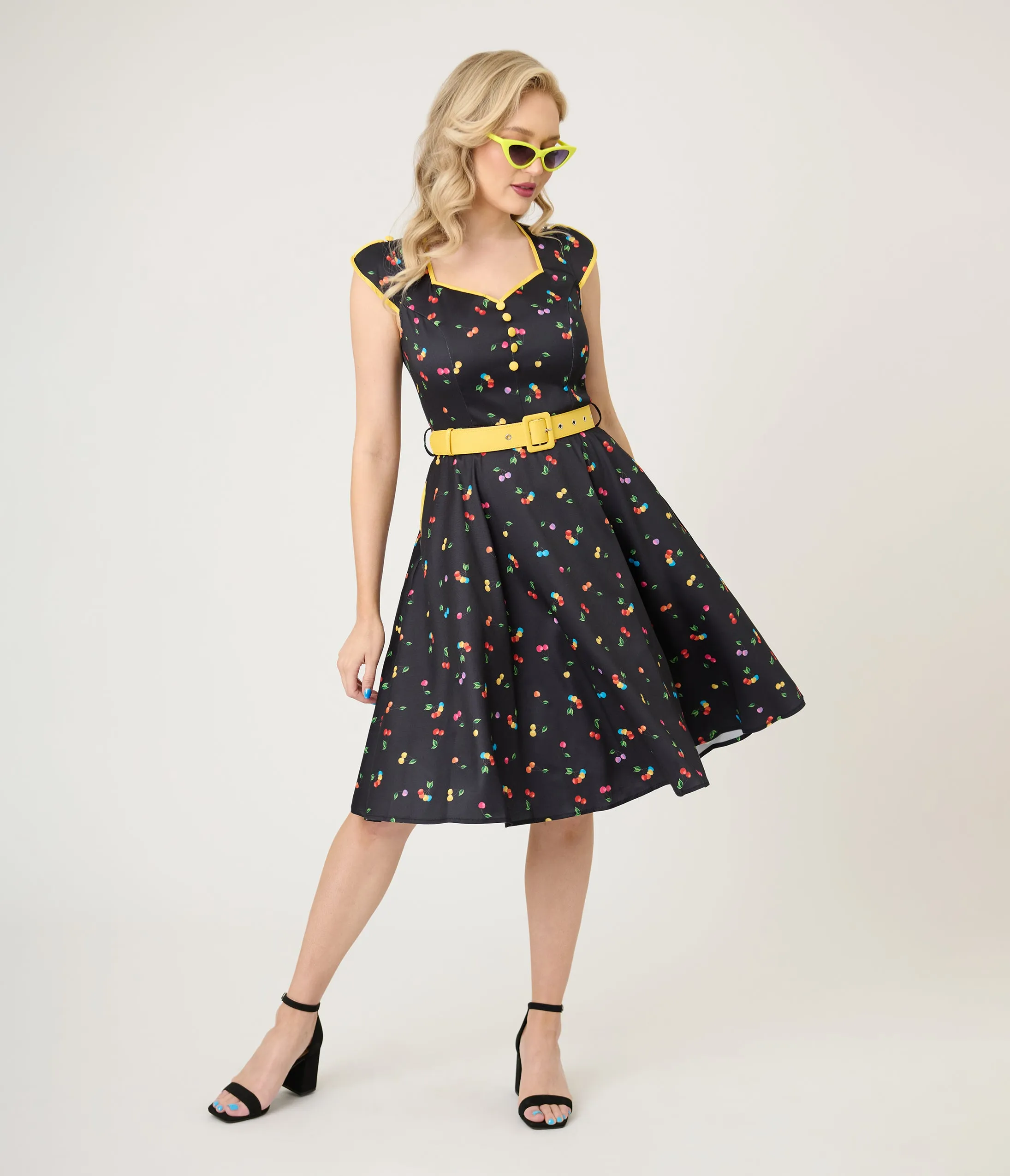 Voodoo Vixen Rainbow Cherry Swing Dress sold by Unique Vintage