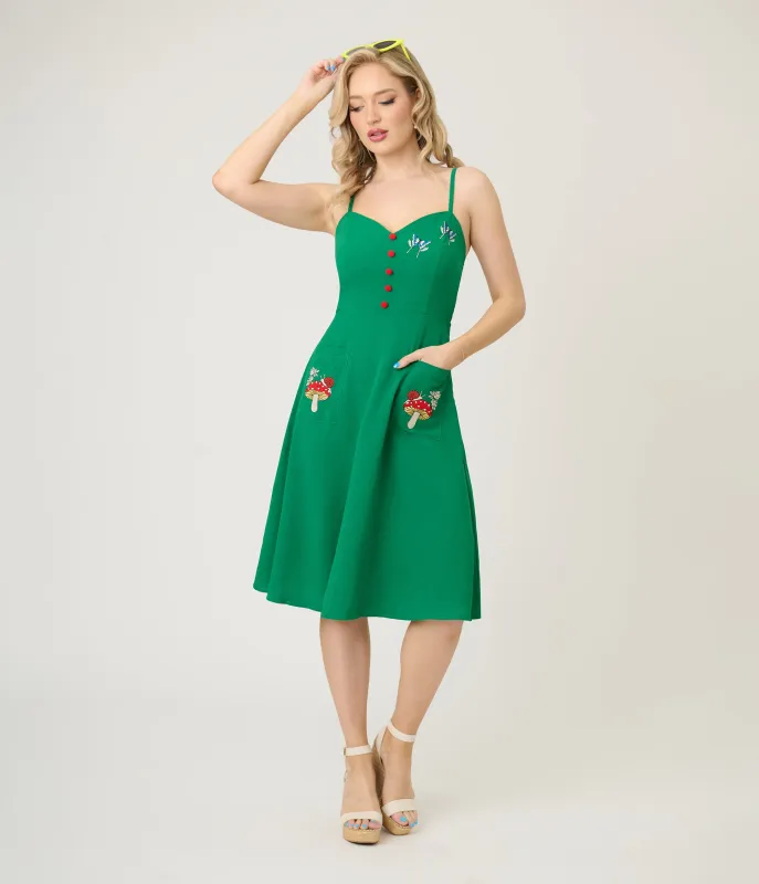 Voodoo Vixen Green Woodland Embroidered Fit & Flare Dress sold by Unique Vintage