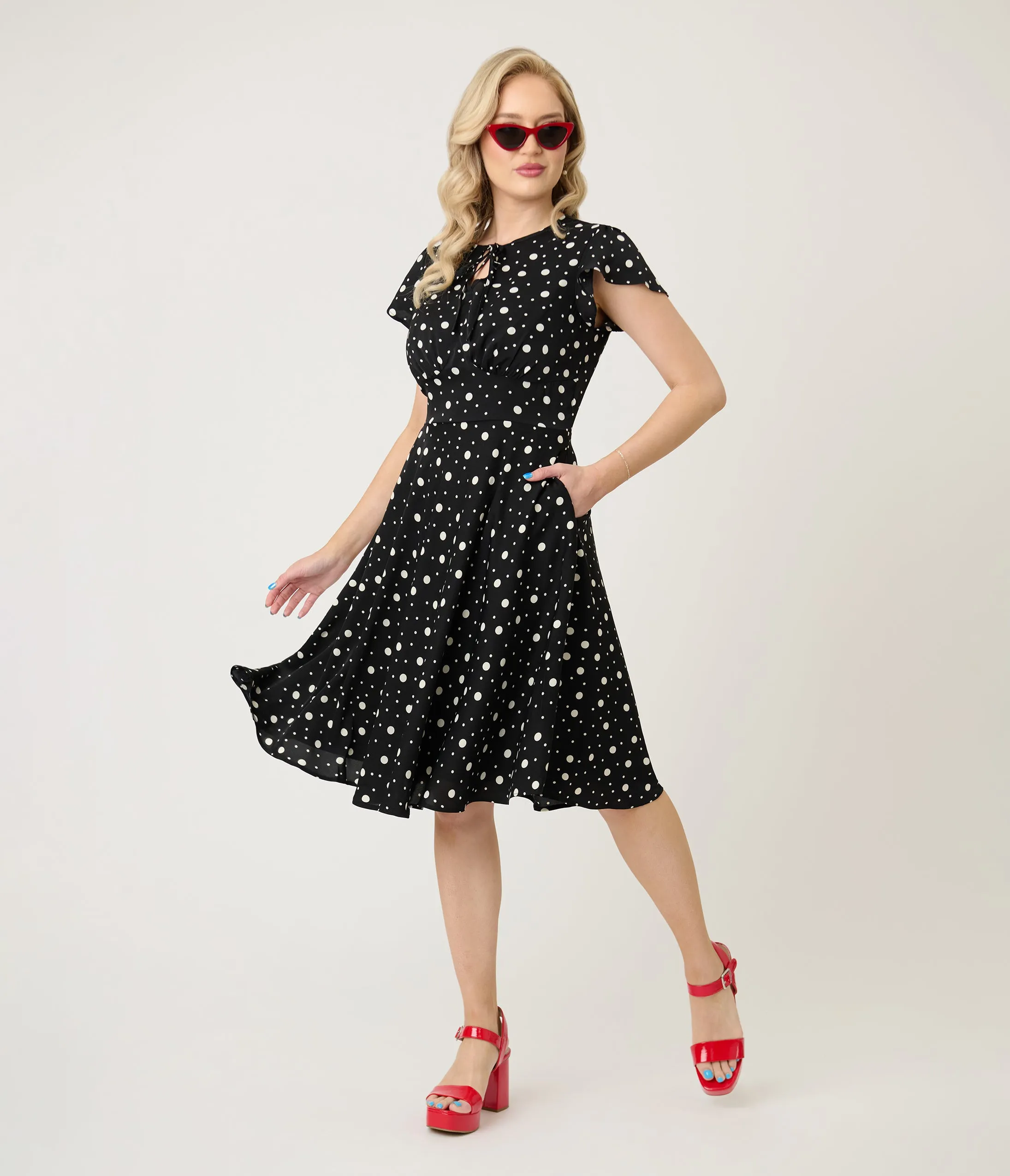 Voodoo Vixen Black & White Polka Dot Flutter Sleeve Fit & Flare Dress sold by Unique Vintage product image thumbnail 4