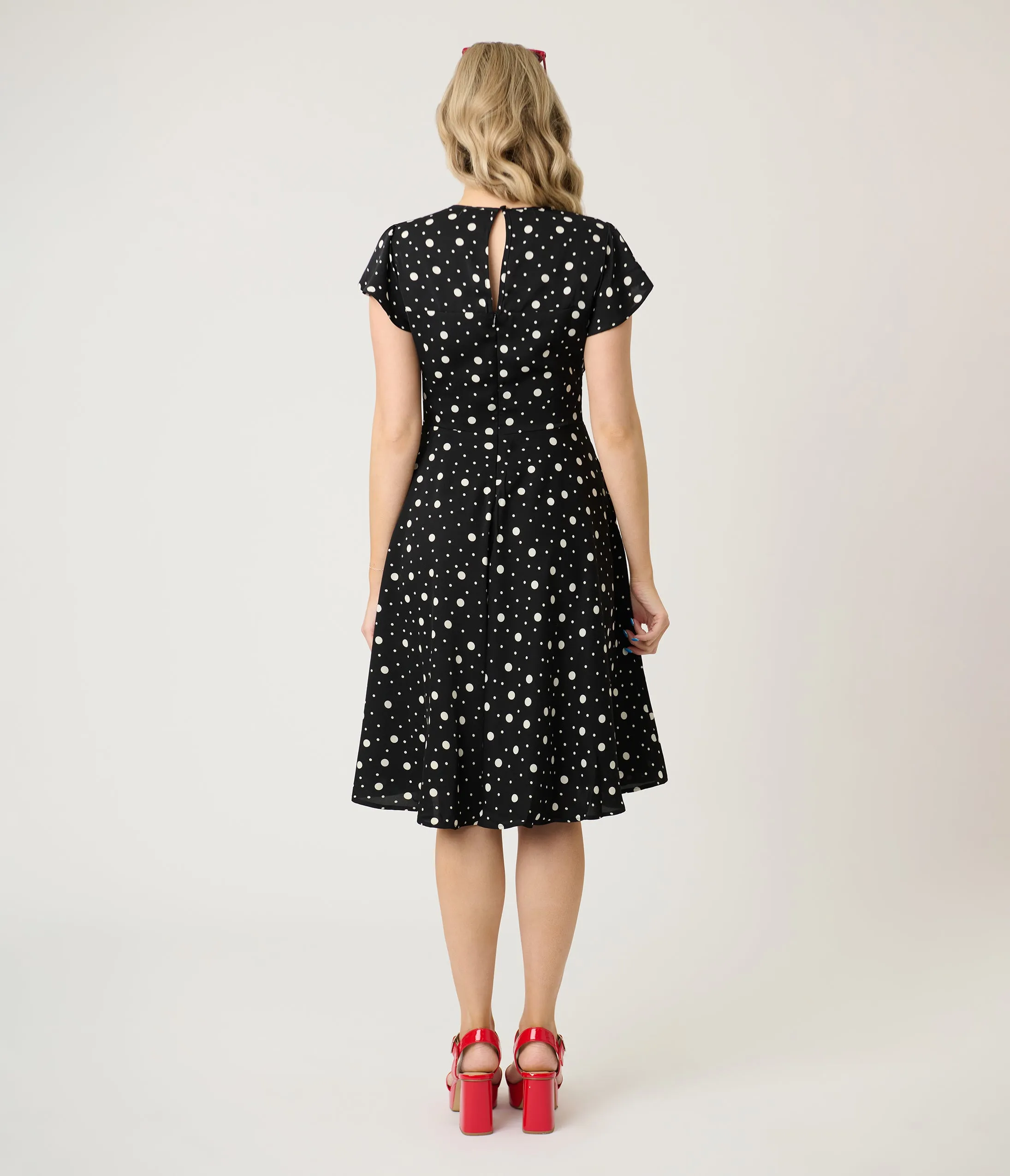 Voodoo Vixen Black & White Polka Dot Flutter Sleeve Fit & Flare Dress sold by Unique Vintage product image thumbnail 3